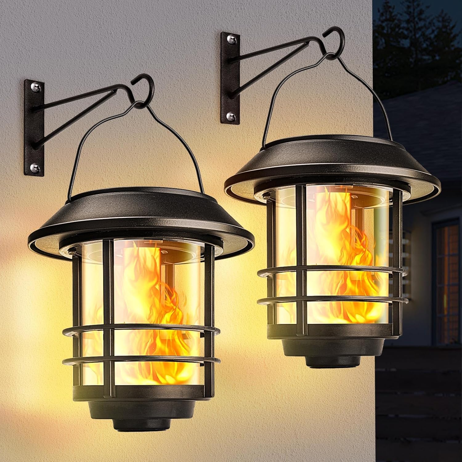 Zewnętrzna lampa solarna LED, 2 sztuki zewnętrzne z realistycznymi efektami płomieni, wodoodporna IP65 do ogrodu, balkonu, ganku, tarasu