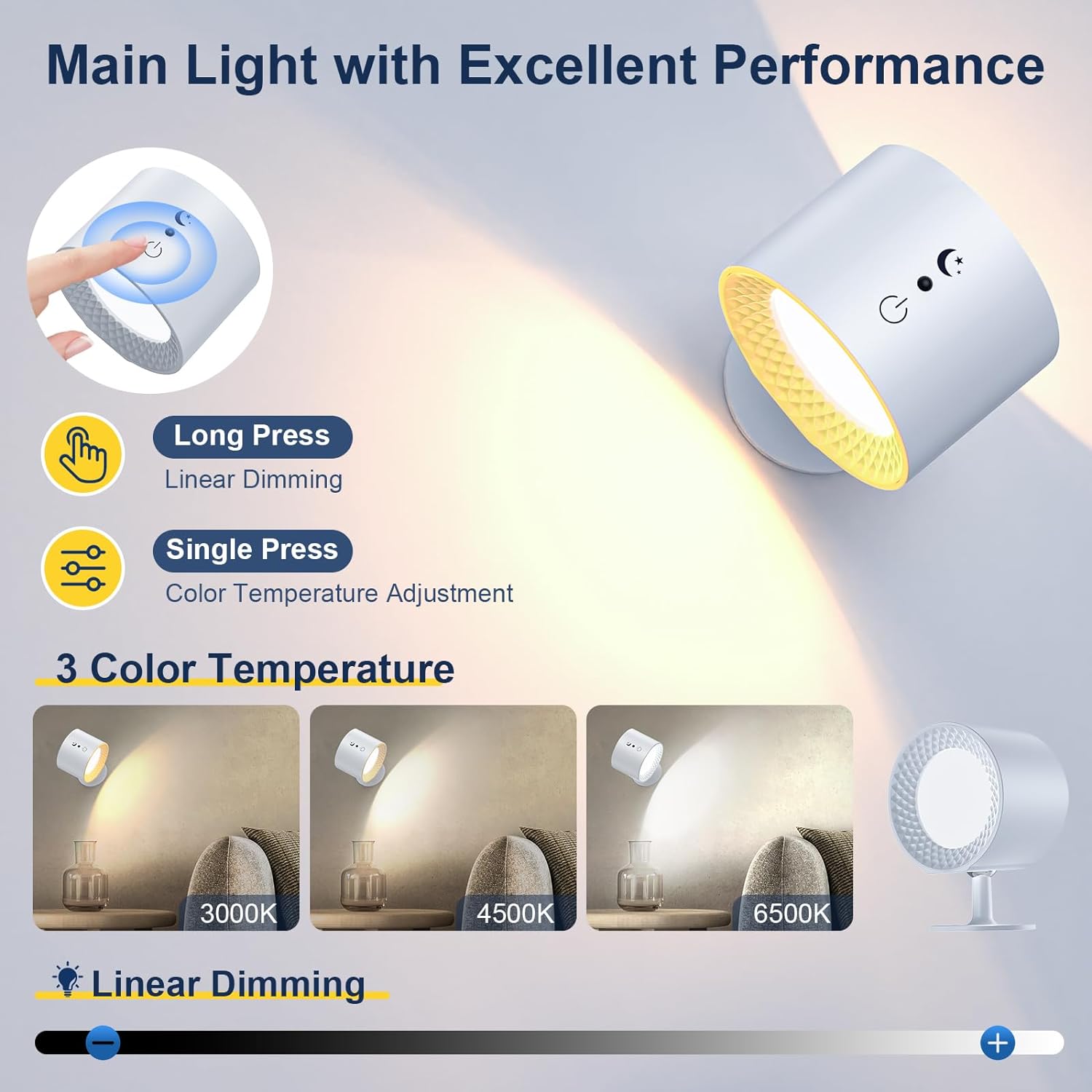 Lampe murale à LED double face avec télécommande,contrôle tactile,3 Couleurs,USB,rechargeables,à 360°- Blanc - 2