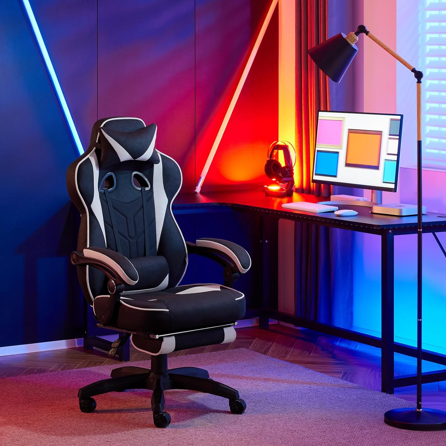 WOLTU Chaise Gaming en Tissu Respirant，Fauteuil Gamer Ergonomique，avec Coussin Lombaire，Appui-Tête et Repose-Pieds，Tissu Leathaire，Gris - 2