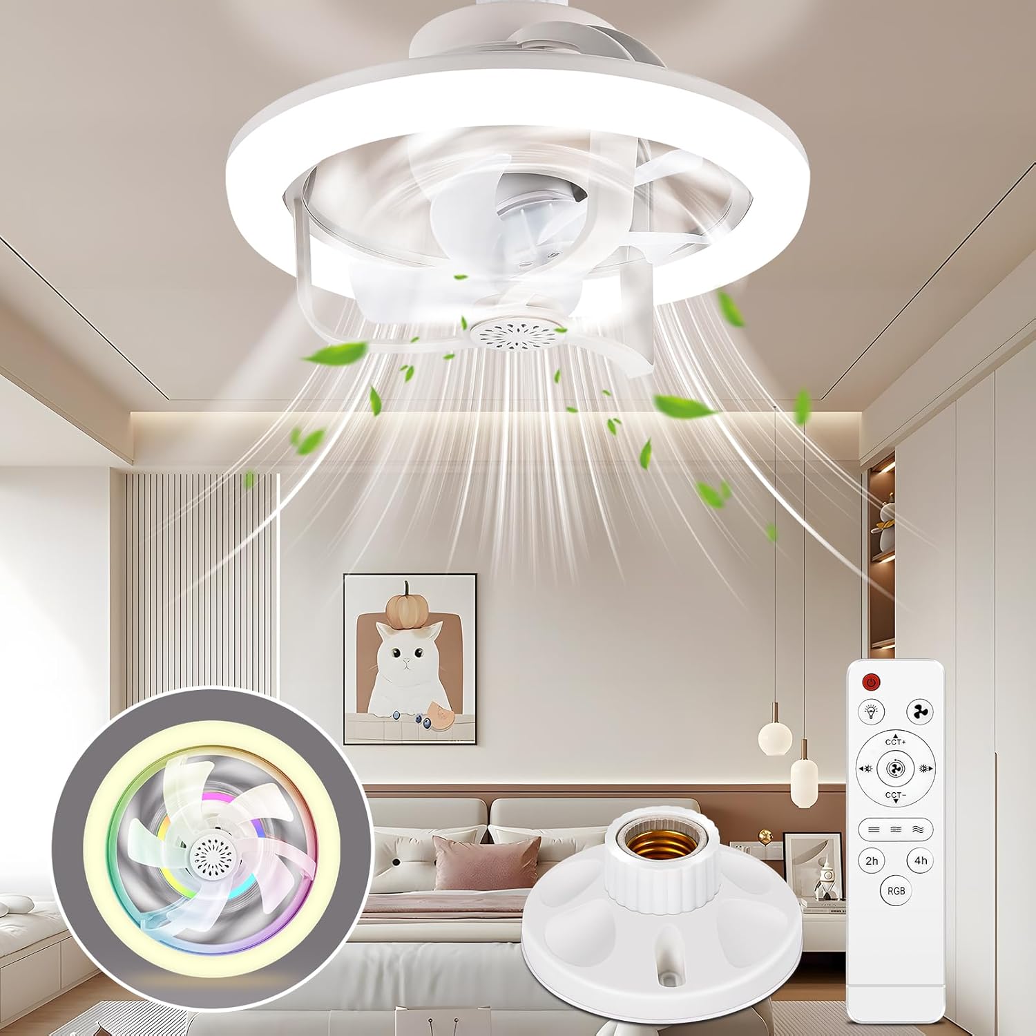 Ventilateur de plafond blanc à économie d’énergie Raja avec éclairage LED dimmable, Télécommande