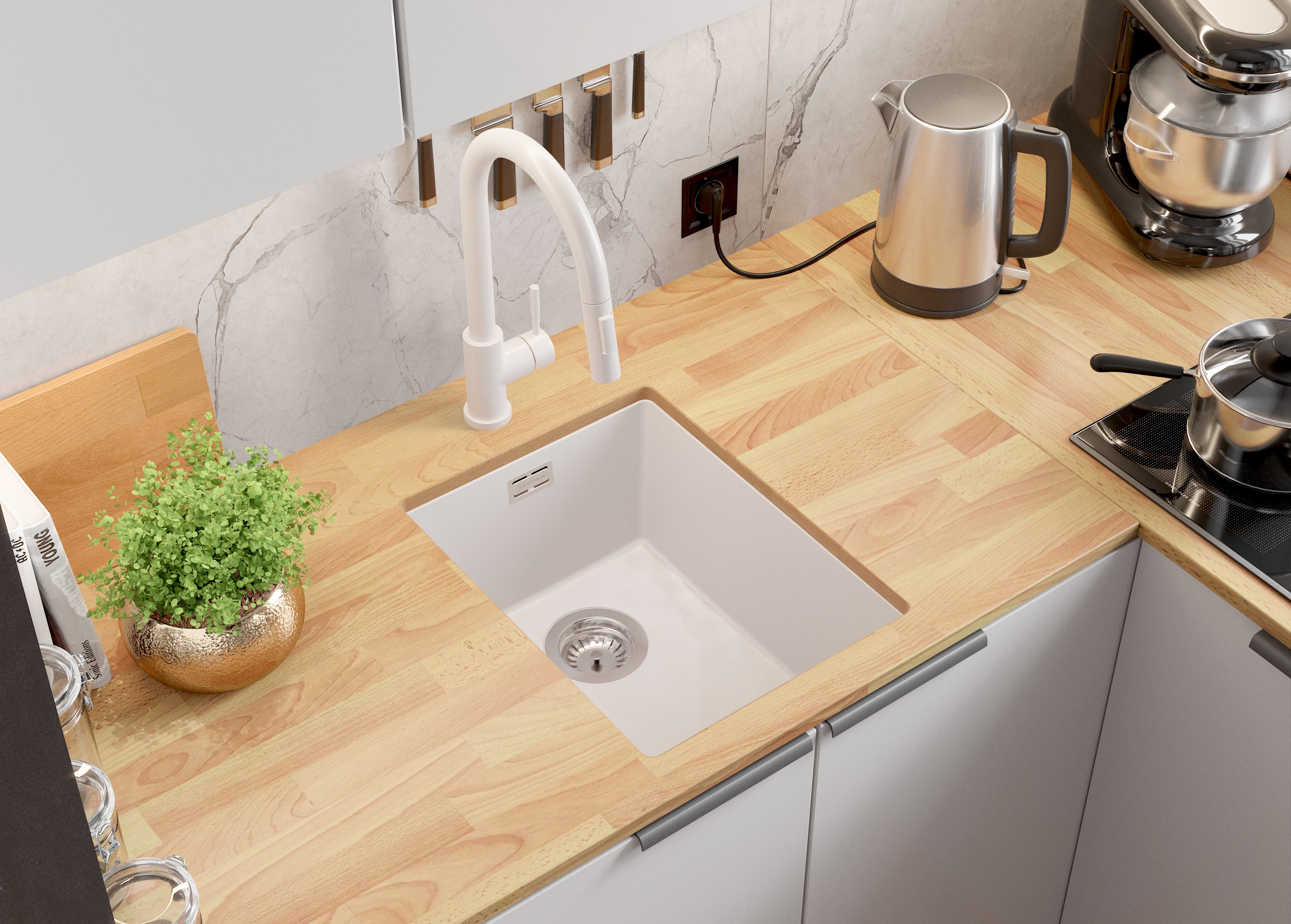 Lavandino sottotop Bianco 36x47cm, Lavello in Granito a 1 vasca + Sifone Classico + Accessori, Lavabo da Cucina al mobile 40cm - London PRIMAGRAN - 2