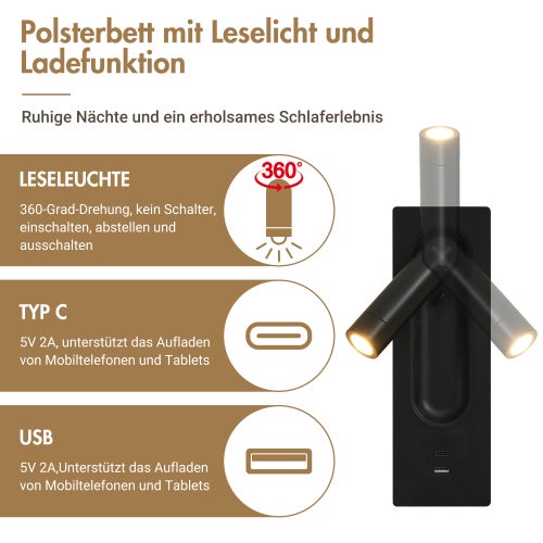 Lit double 180×200 avec rangement, lampe de lecture 360°, ports USB & Type-C, cadre en lin et bois massif, beige (sans matelas) - 7