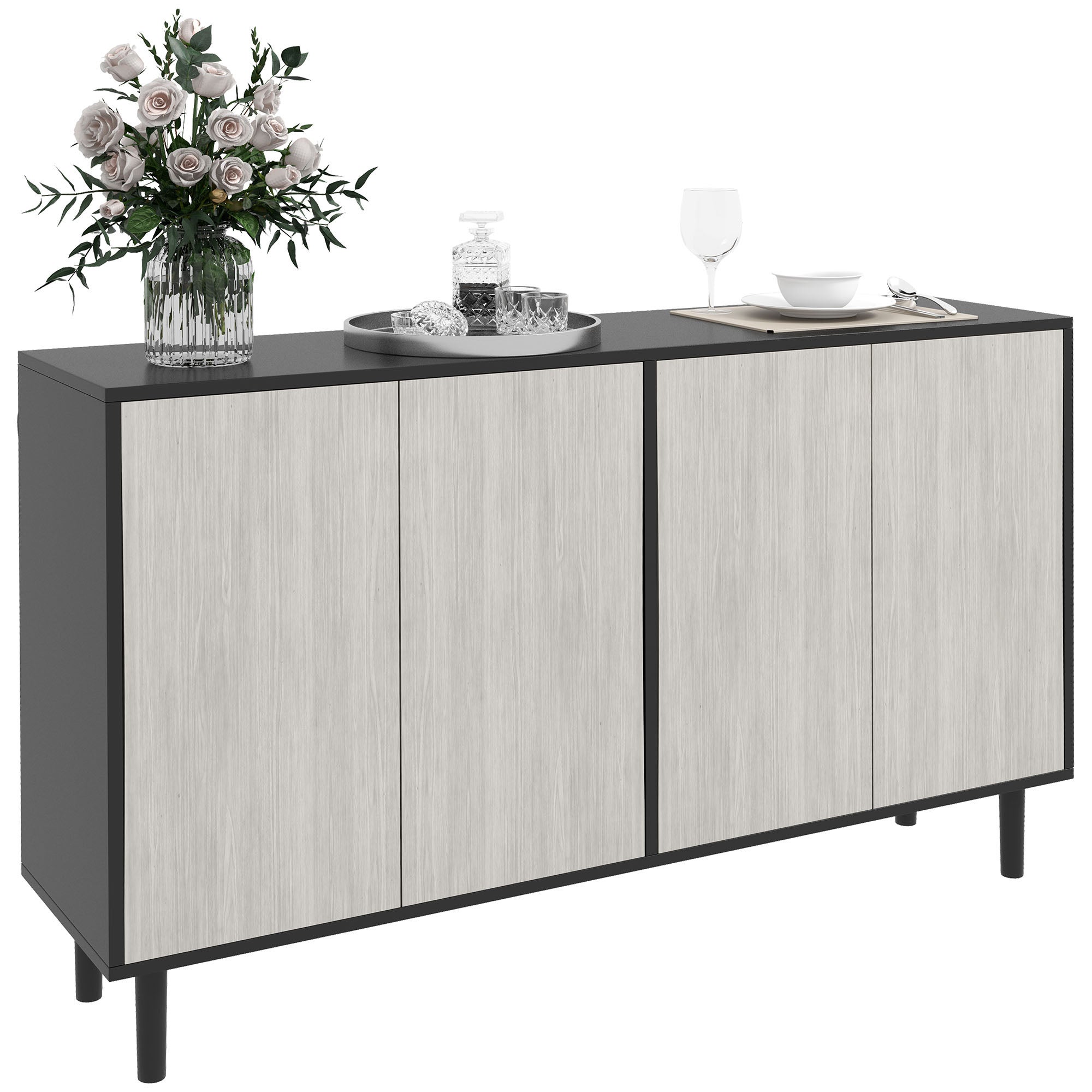 Aparador de cocina con 2 armarios y estantes ajustables, 121 x 37 x 75 cm, efecto madera en negro y gris.