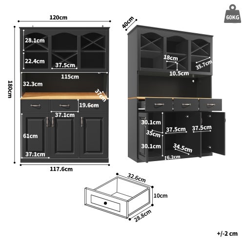 Meuble de cuisine LED 120x40x180 cm, buffet de rangement avec trois portes, 3 tiroirs et 3 porte, pour salon/cuisine, noir - 3