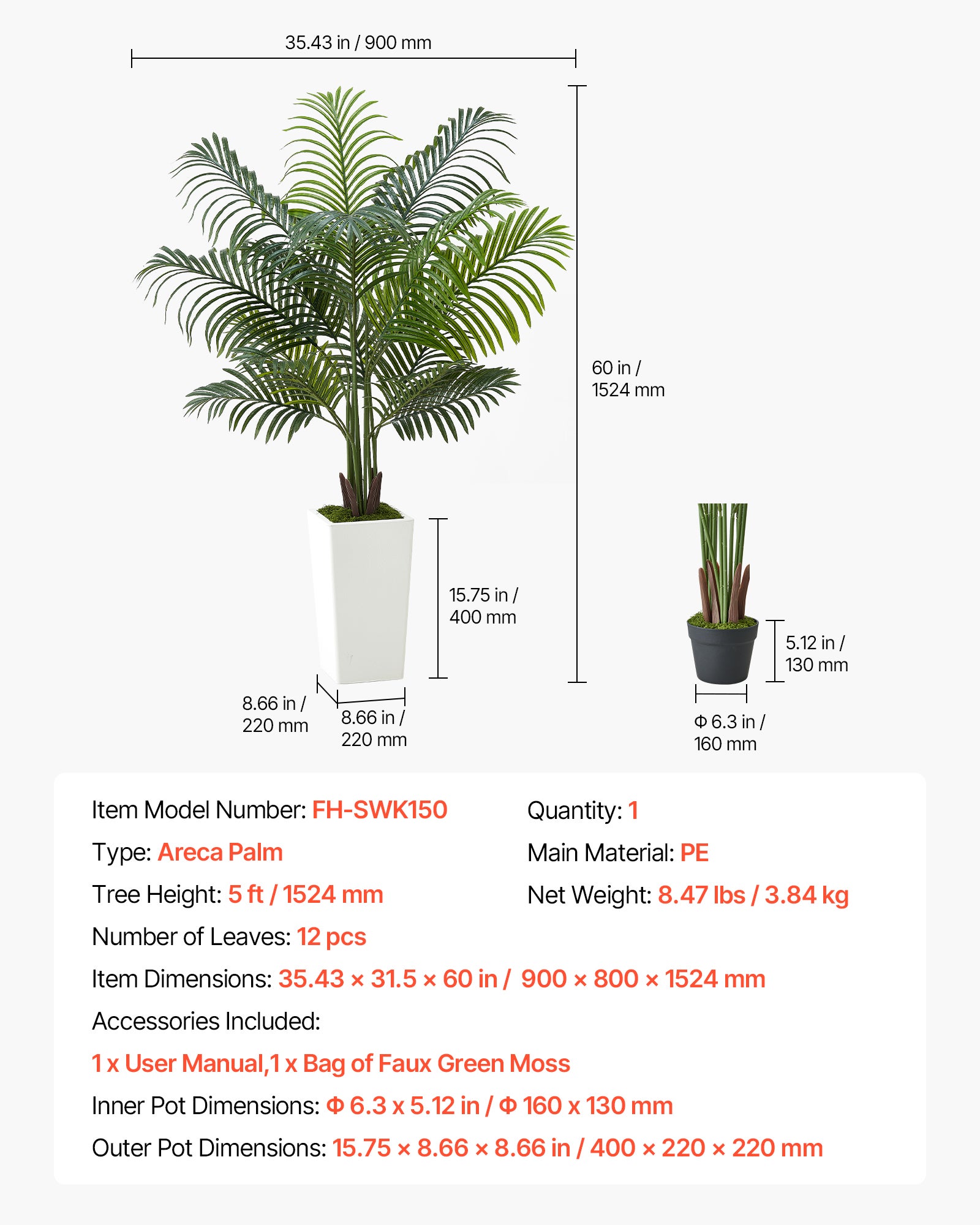 Palmera Areca Artificial VEVOR, 1,5 m, Maceta Blanca, Palmera Areca Tropical Falsa, Para Decoración Hogar, Sala de Estar, Oficina, Interior y Exterior - 7