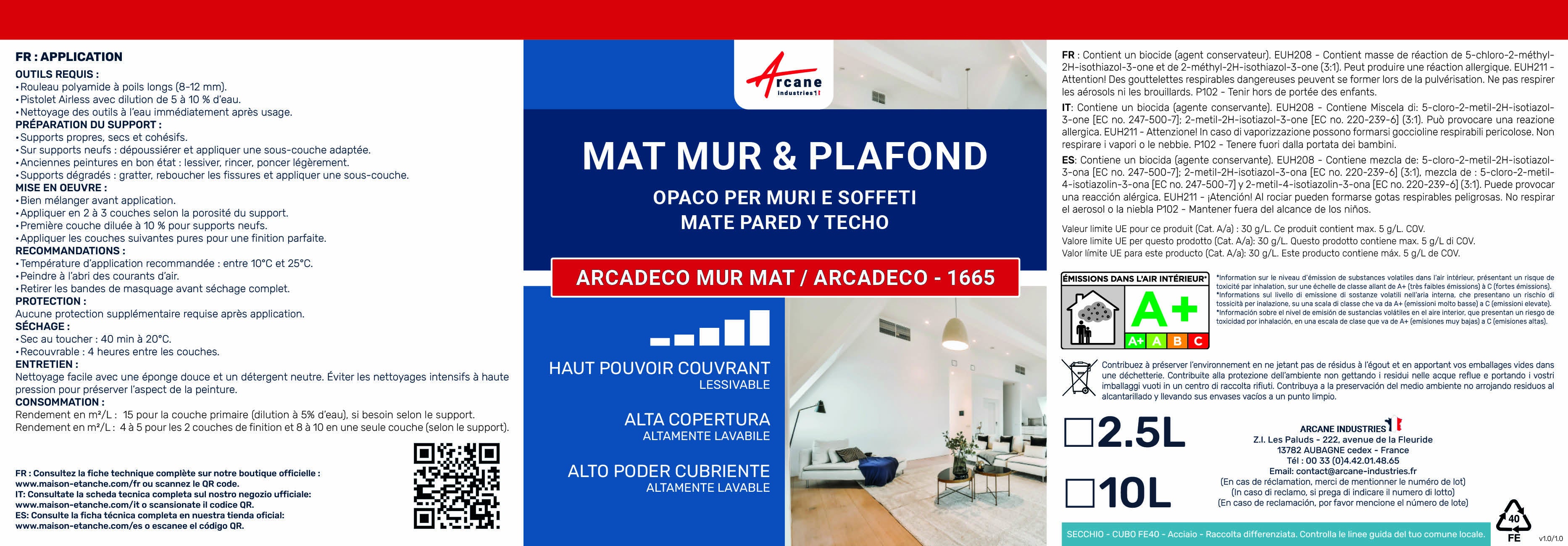 Peinture mur et plafond Arcadéco | Peinure acrylique mate ultra couvrante - 2.5 L Blanc Crème - RAL 9001 - ARCANE INDUSTRIES - 6