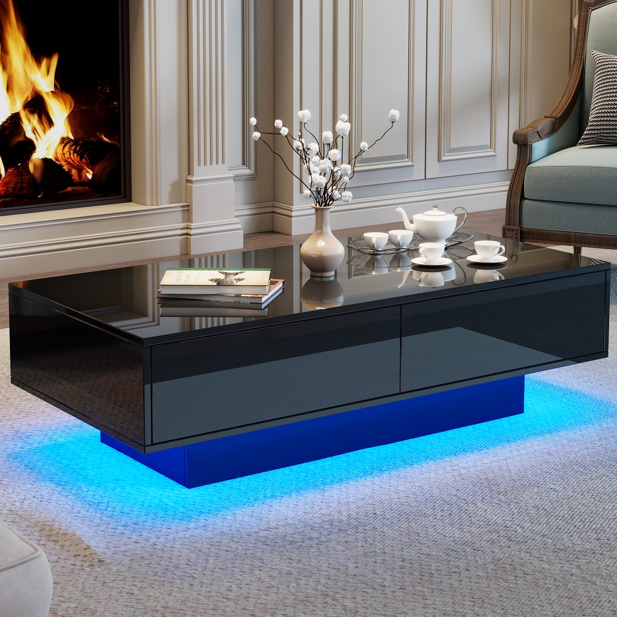Stolik kawowy z 2 szufladami - 115 x 55 x 34 cm - Diody LED - Płyta wiórowa - Czarny połysk