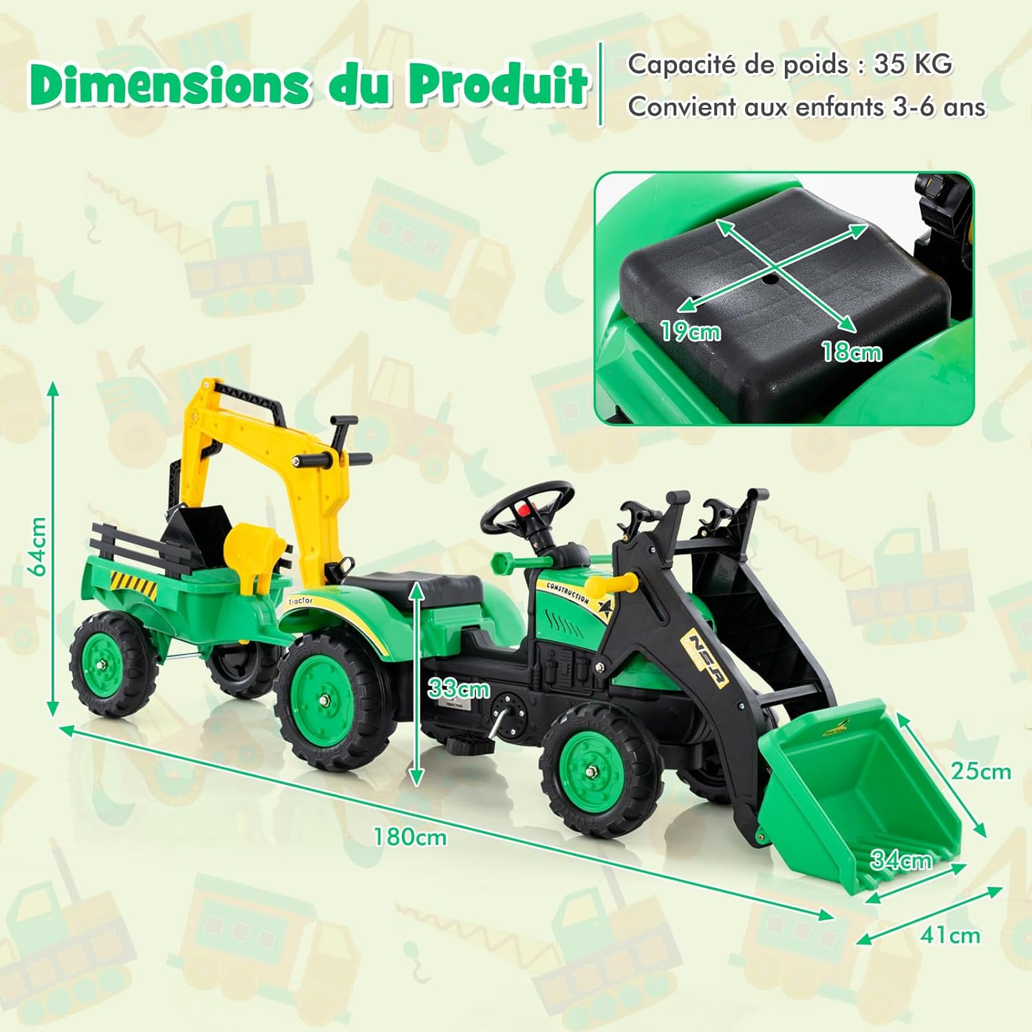 3 en 1 Tractopelle Enfant avec Pelle et Remorque Amovible, Tracteur Enfants - 3