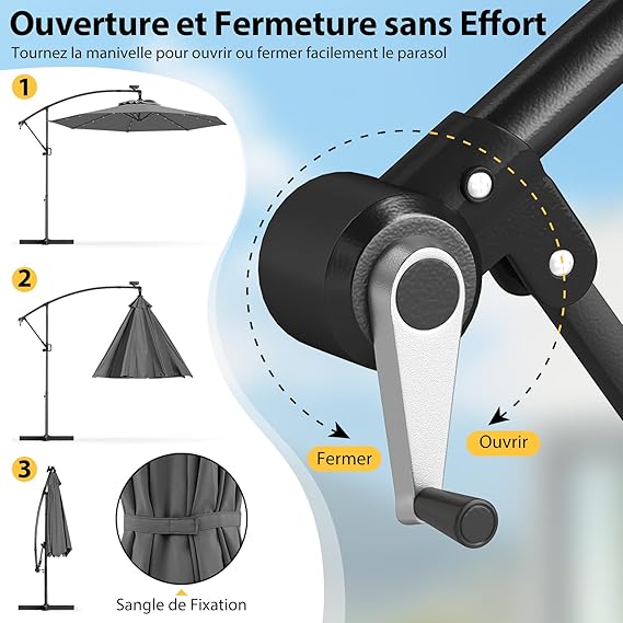 Parasol Déporté 3M avec 32 LED Solaires, Parasol de Jardin 8 Baleines avec Tissu Protection Solaire, Parasol Inclinable Rotatif à 360° (Gris) - 4