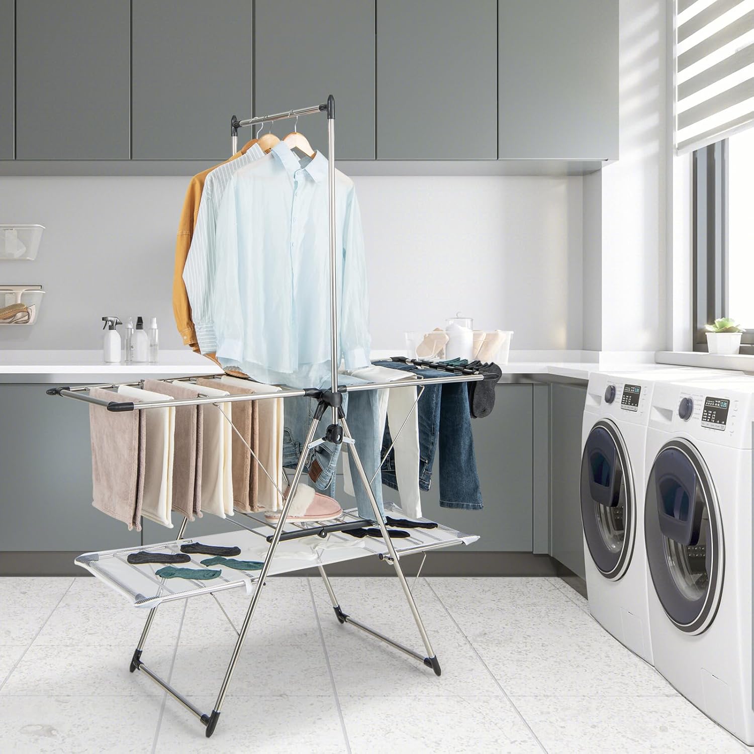 Étendoir Linge Intérieur,en Acier Inox, Cintre Haut 182 cm, Grand Filet de Séchage, Tancarville Linge Solide Réglable 70-140 cm - 2