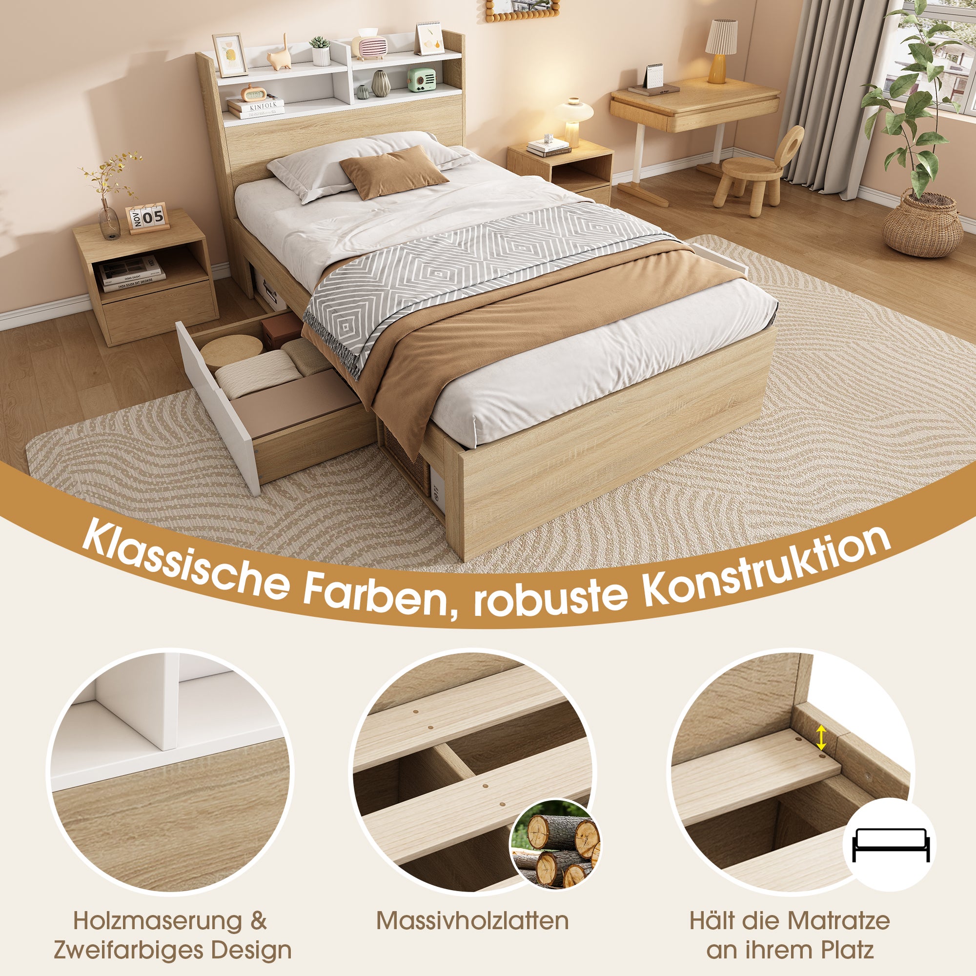 Łóżko dziecięce 90 x 190 cm z 2 szufladami i przegródkami - Płyta wiórowa i lite drewno - Dąb + biały (Materac nie jest wliczony w cenę) - 3
