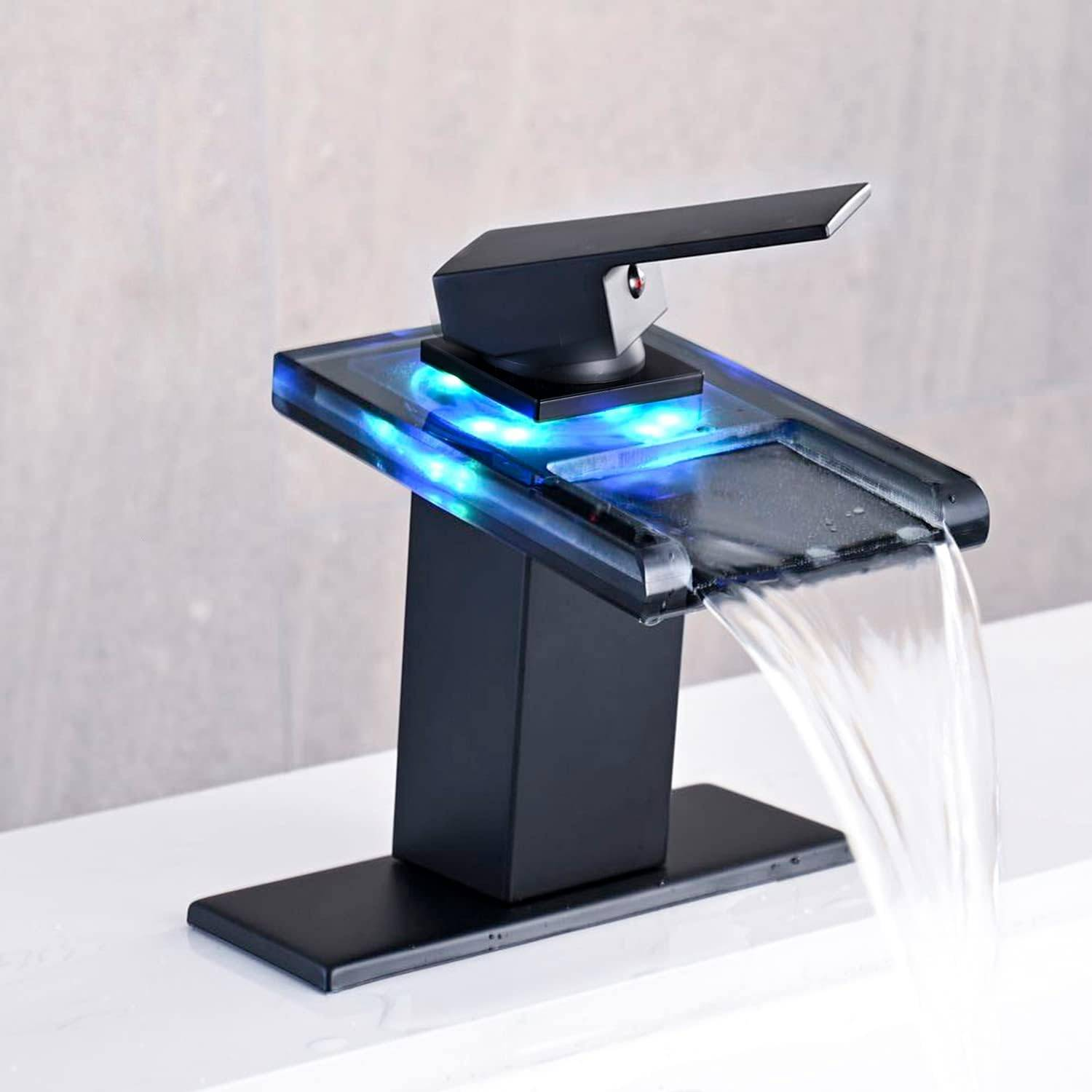Leroy Merlin Grifo De Lavabo Con Luz, Monomando Tipo Cascada, Color Mate. Negro 