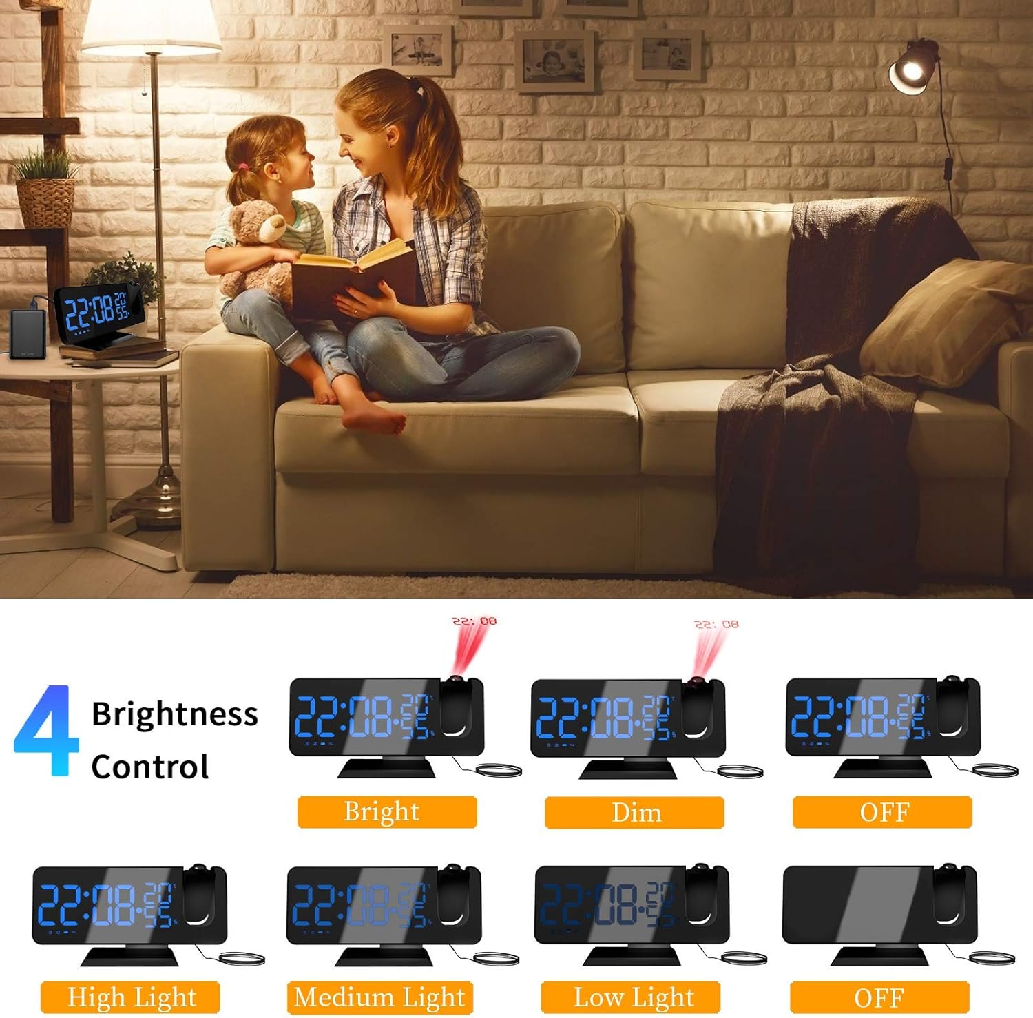 Reloj despertador con proyector y radio, reloj digital