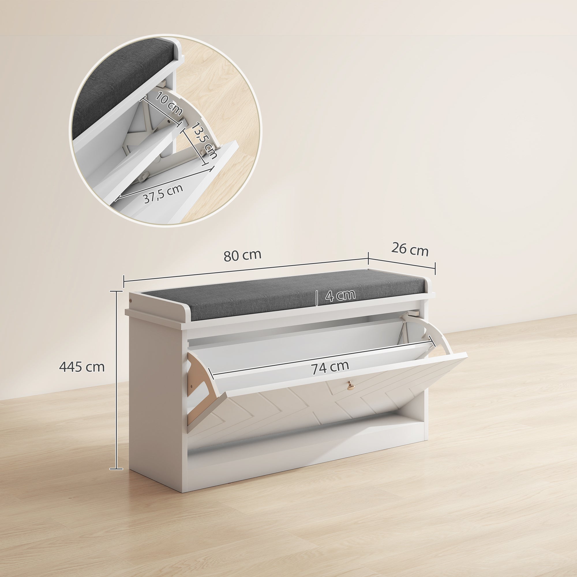 Banc à chaussures HOMCOM MDF, Polyester Blanc 80x26x48 cm 837-460V80WT - 3