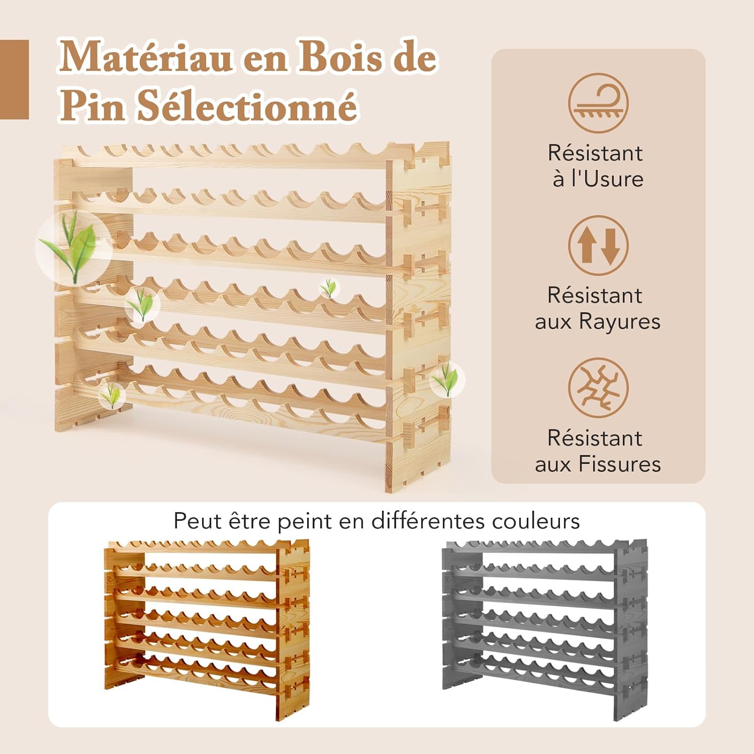Botellero Vino 60 Botellas, Botellero Apilable de Madera, Estante de Almacenamiento de Vino de 6 Niveles para Suelo para Cocina, Bodega y Bar, - 8