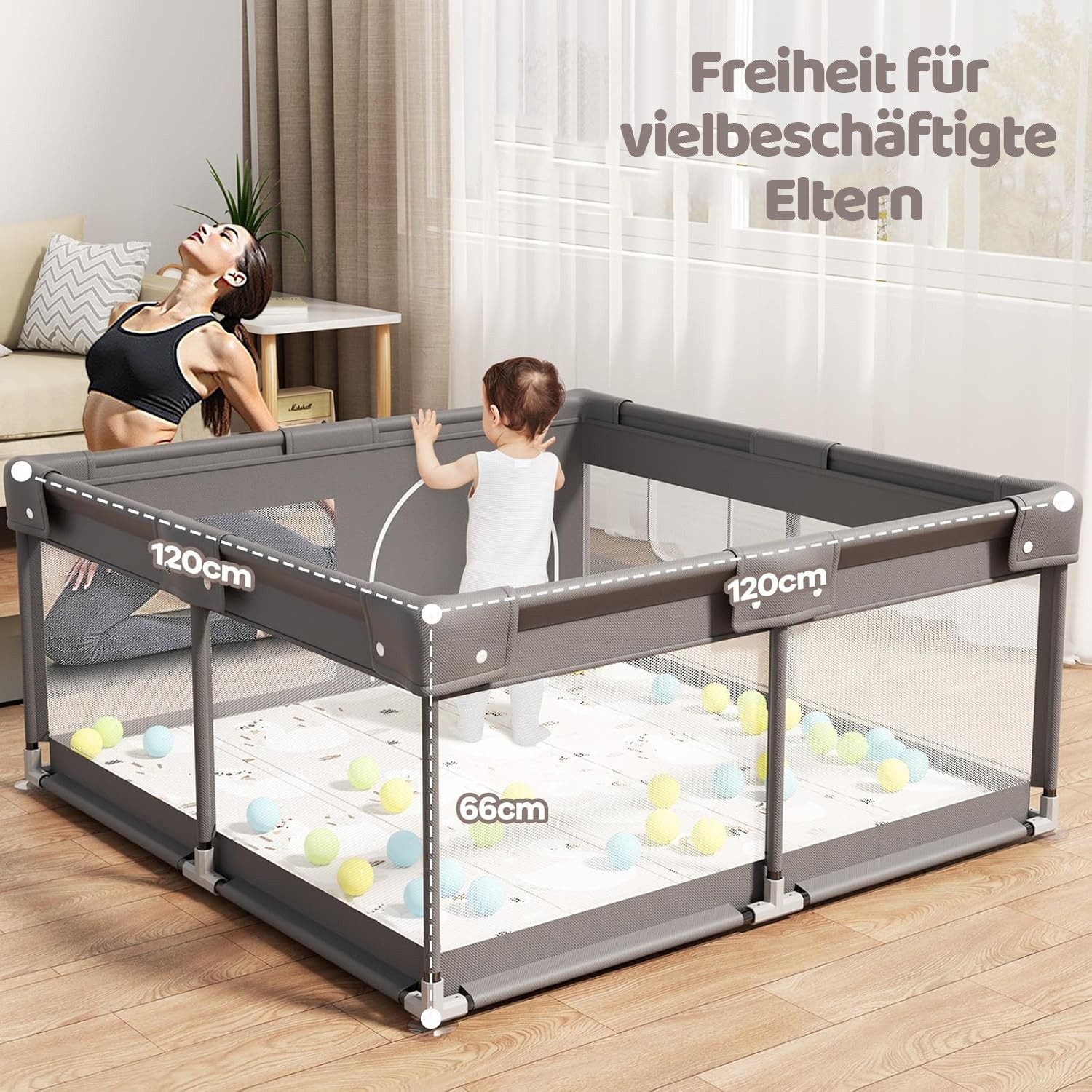 Parc pour bébé, 120 x 120 cm, barrière de sécurité avec filet, idéal pour une utilisation en intérieur, grand parc - 5