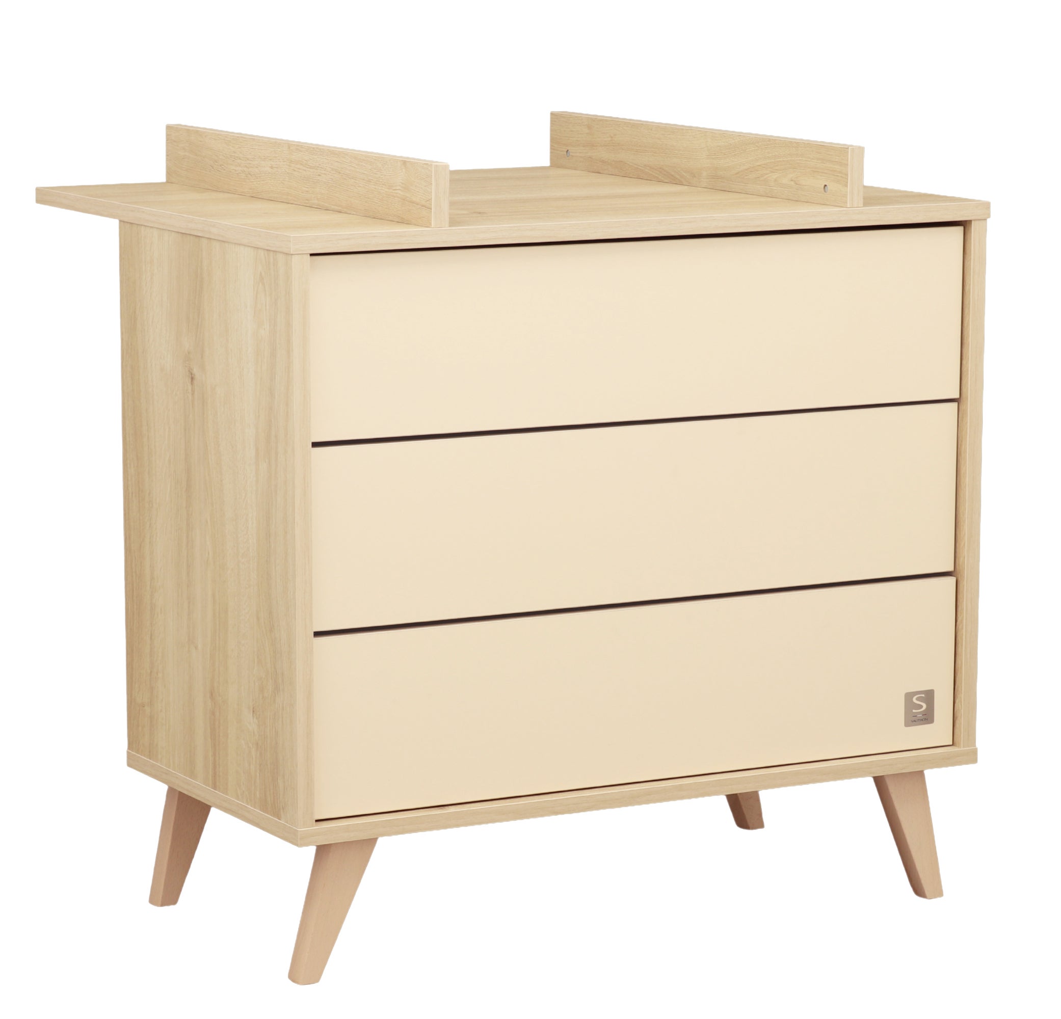 Commode 3 Tiroirs Et 1 Porte - Style Imitation Bois Chêne Mokka - Pieds En Hêtre - Design Chaleureux - 7