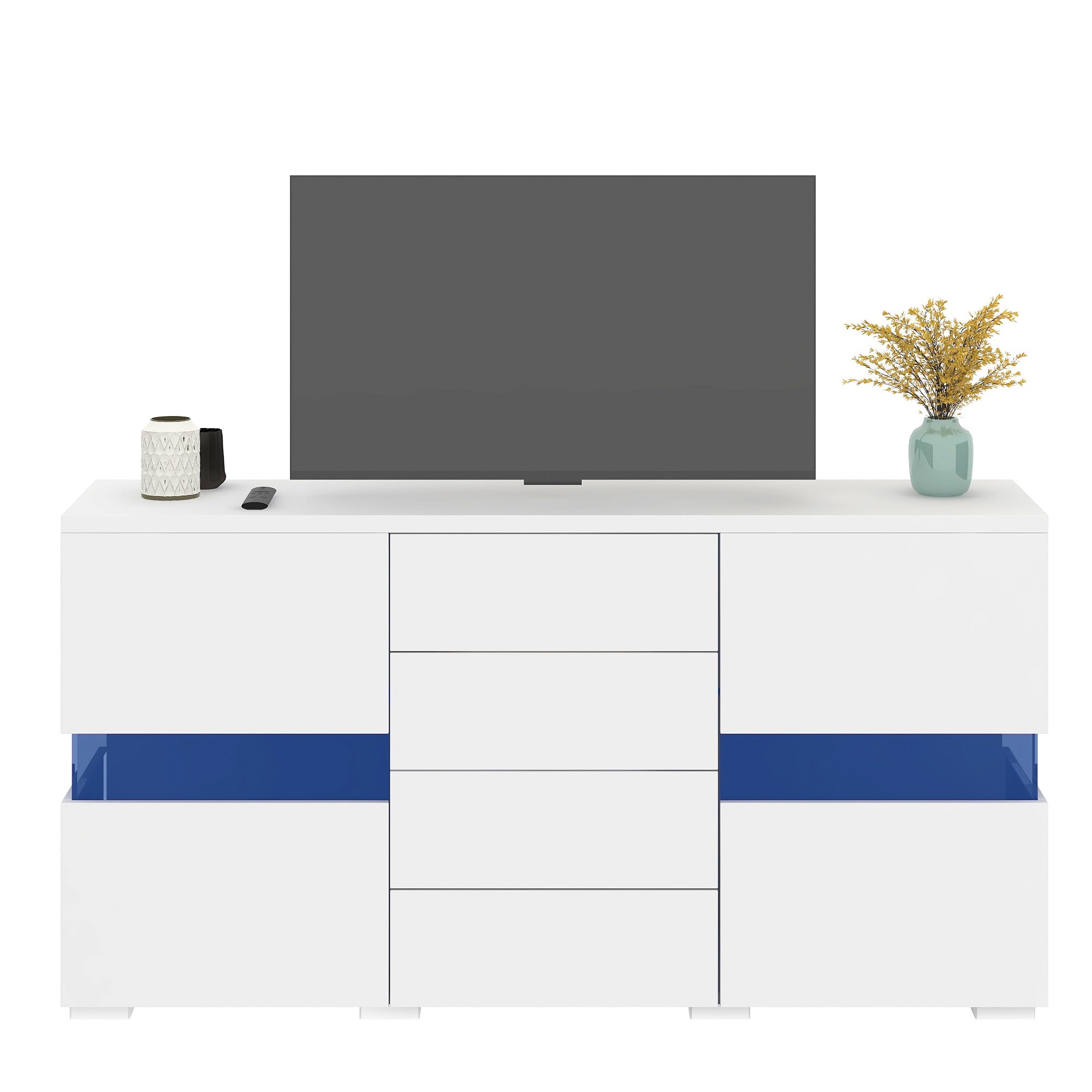 Komoda niska z 4 szufladami i 2 drzwiami - 145 x 35 x 72 cm - LED - do jadalni lub salonu - MDF - biała - 9