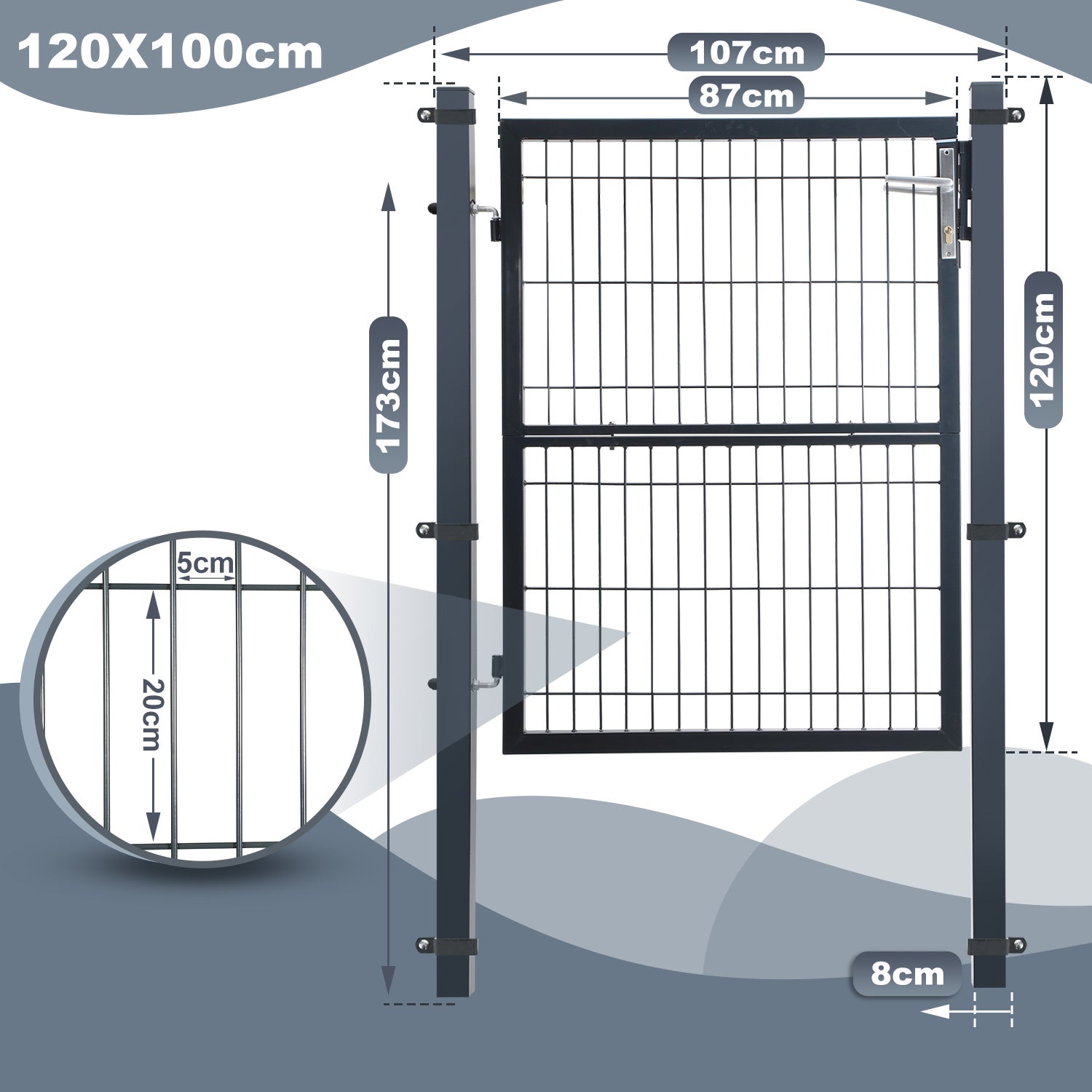 Portillon de Jardin Portillon en acier galvanisé, Portail de clôture, Porte de jardin, robuste et durable, avec serrure 120 x 100cm, Gris - 2
