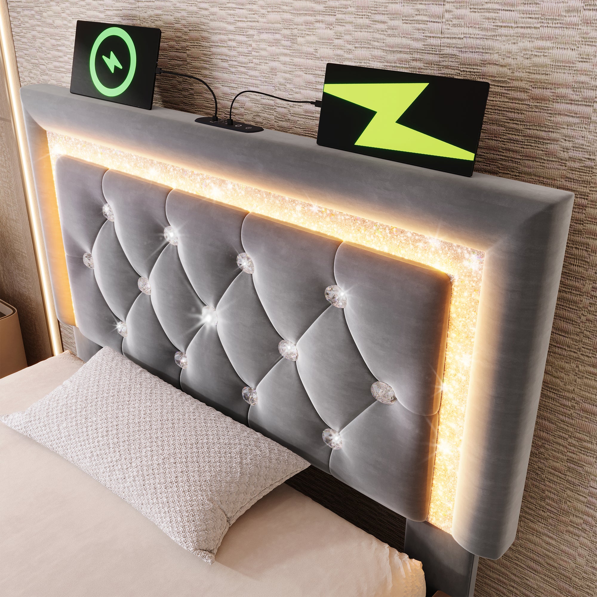 Łóżko z pojemnikiem na pościel 90 x 200 cm i zagłówkiem - Tkanina aksamitna - Diody LED - Porty USB i typu C - Szare (Materac w zestawie) - 8