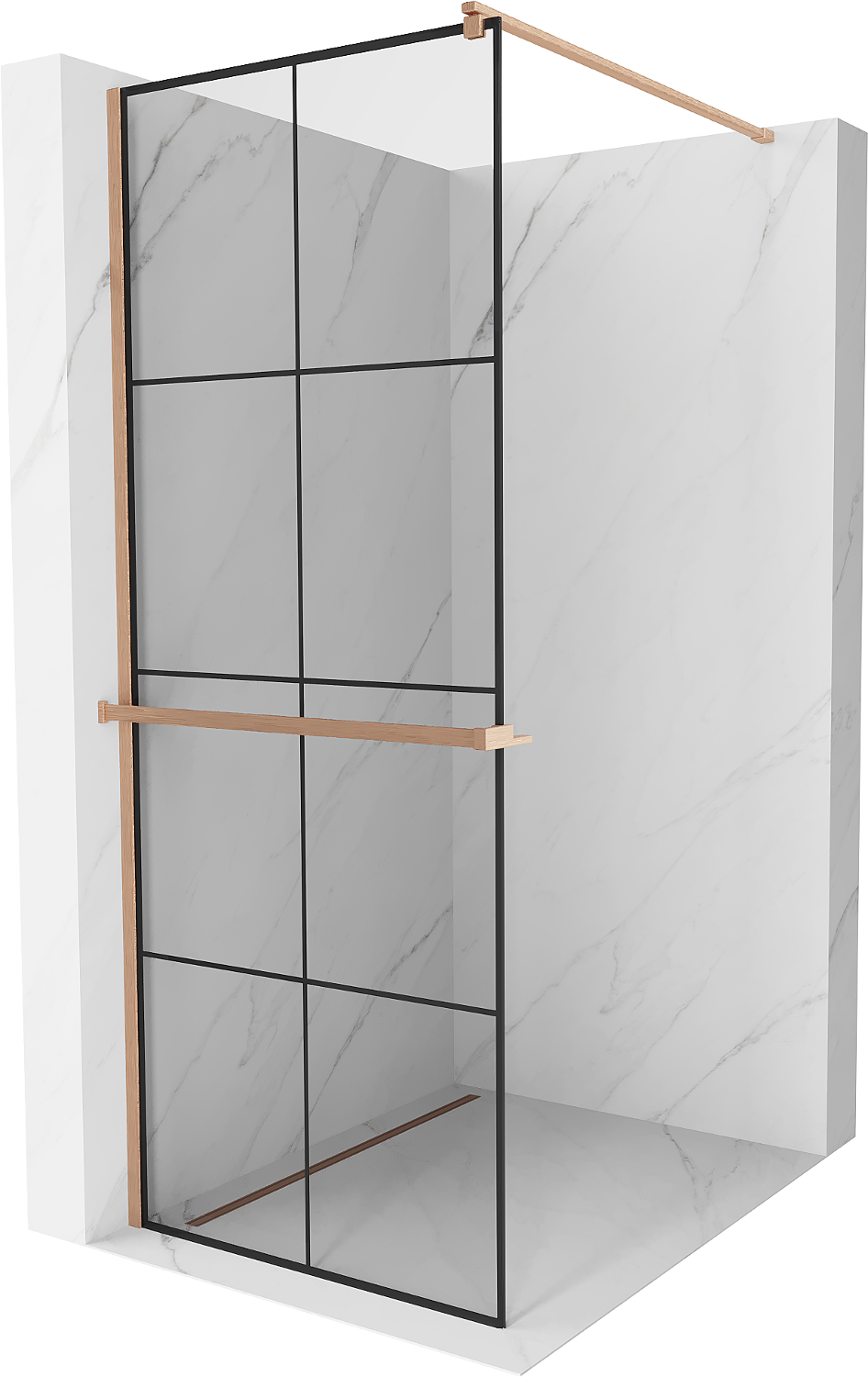 Mexen Kioto+ ścianka prysznicowa z półką Walk-in 80 x 200 cm, czarna kratka, miedź szczotkowana - 800-080-121-65-77