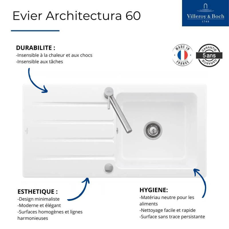 Evier 1 bac 100 x 51 cm VILLEROY ET BOCH Architectura 60 Blanc vidage automatique inclus - 3