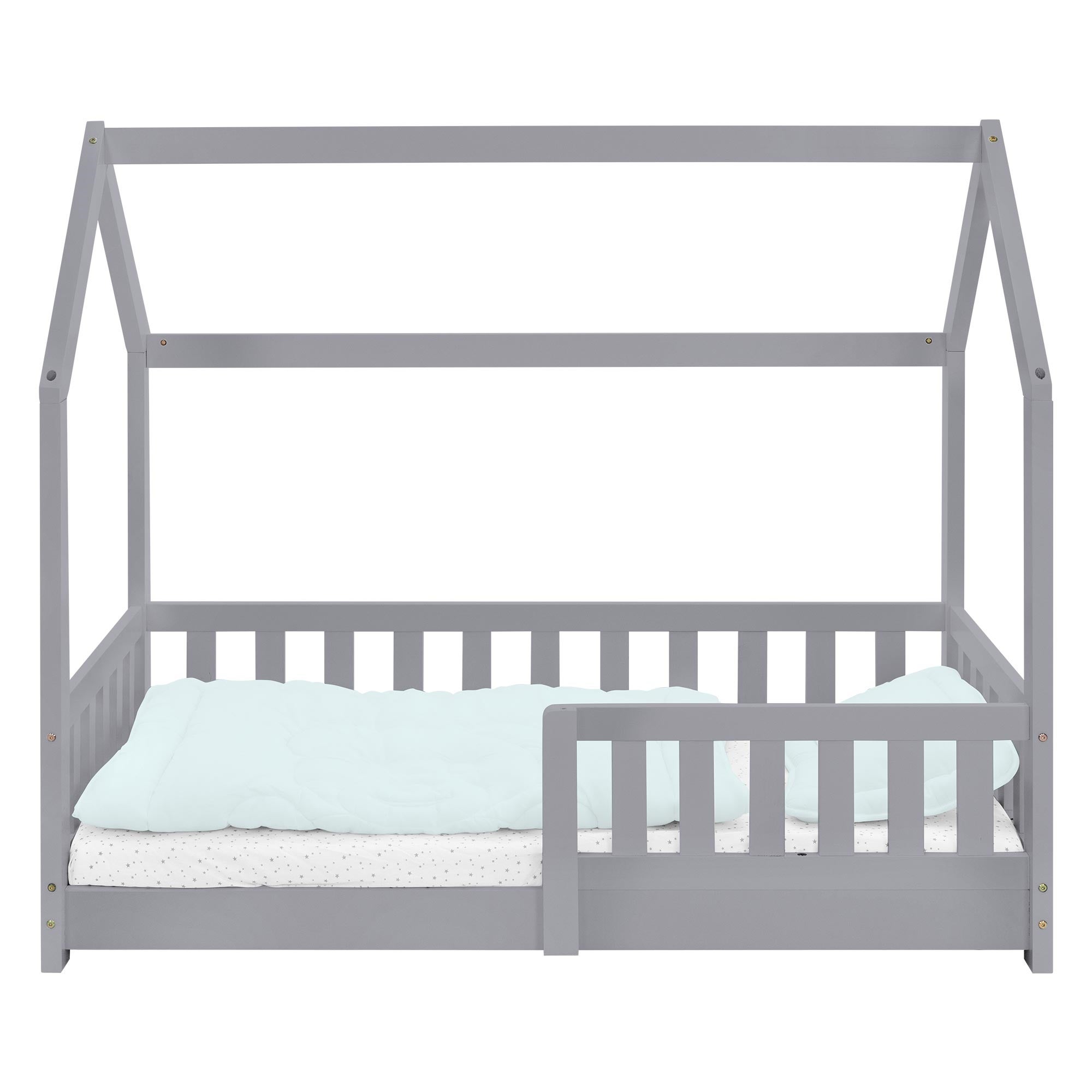 Lit cabane enfant 70x140 cm gris clair en bois massif avec matelas, antichute, toit et sommier à lattes, couchage maisonnette - 2