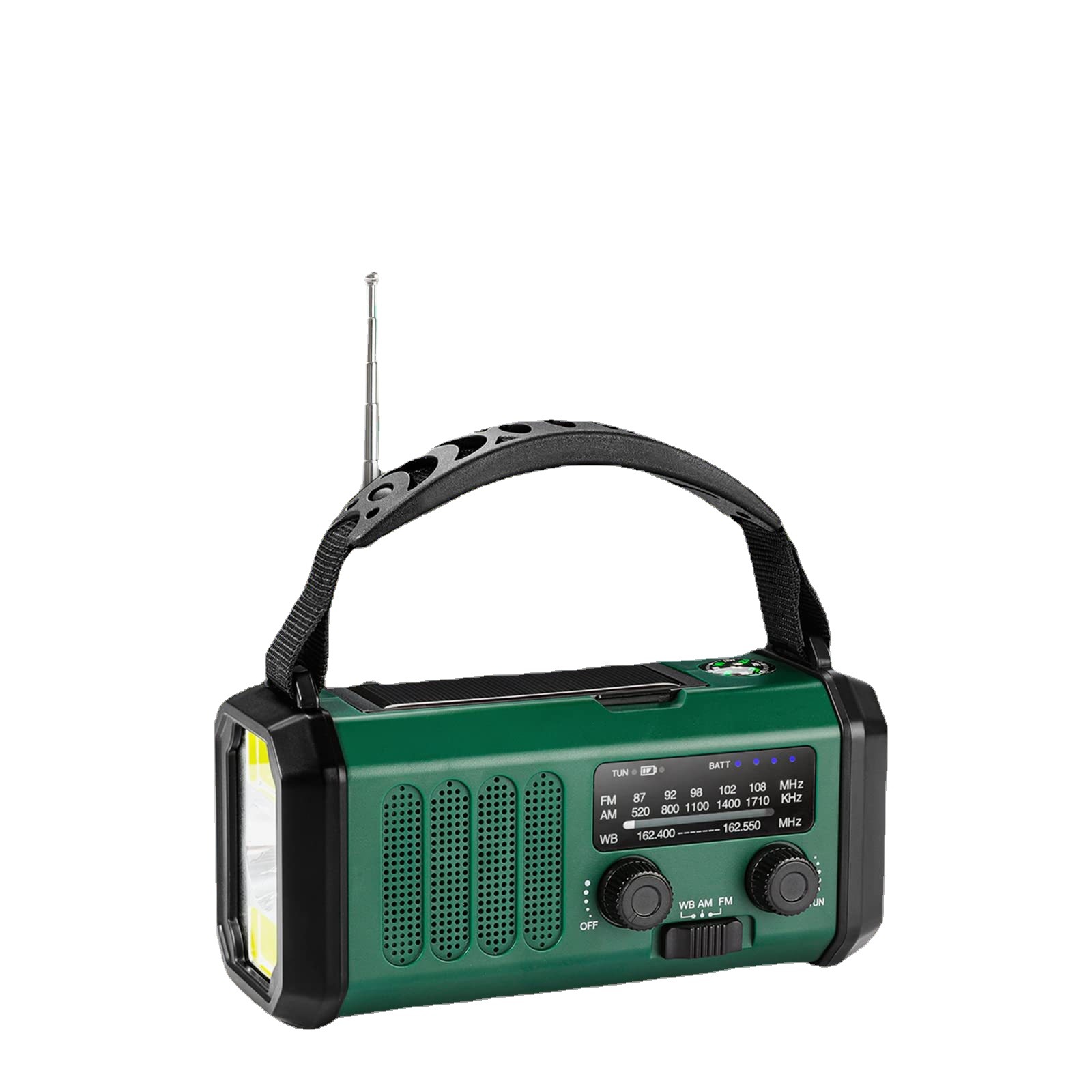 Radio awaryjne z latarką LED, przenośne radio pogodowe AM/FM NOAA z powerbankiem 10000 mAh, kolor zielony wojskowy