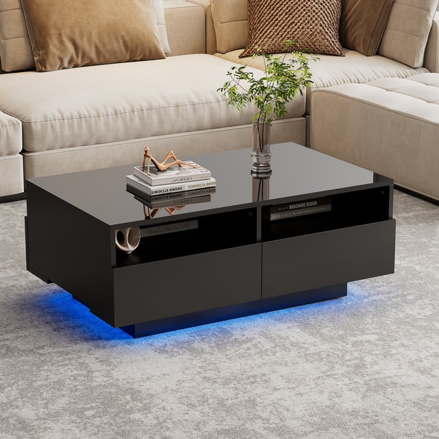 Table basse moderne - avec LED variable et 2 tiroirs - Noir
