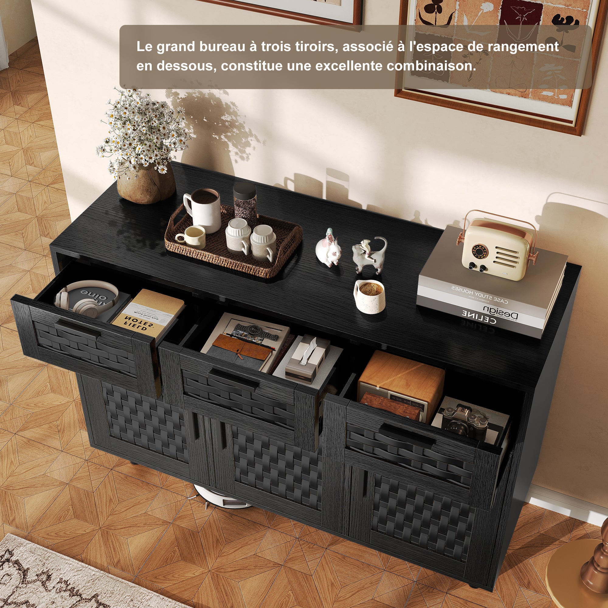Buffet, meuble de rangement en bois noir, avec 3 portes et 3 tiroirs, meuble de rangement pour le salon, portes à motif tressé - 5