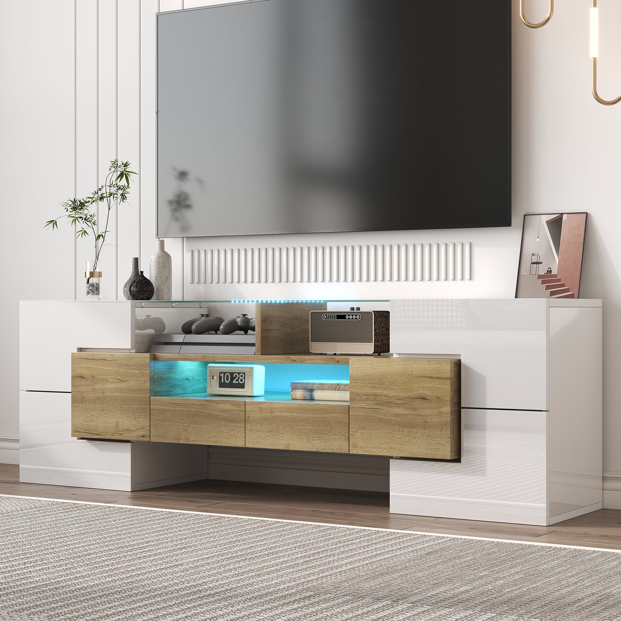 Szafka RTV z 4 drzwiami i 2 szufladami - 145 x 30 x 51 cm - Diody LED - Płyta wiórowa - Biały + Złoty