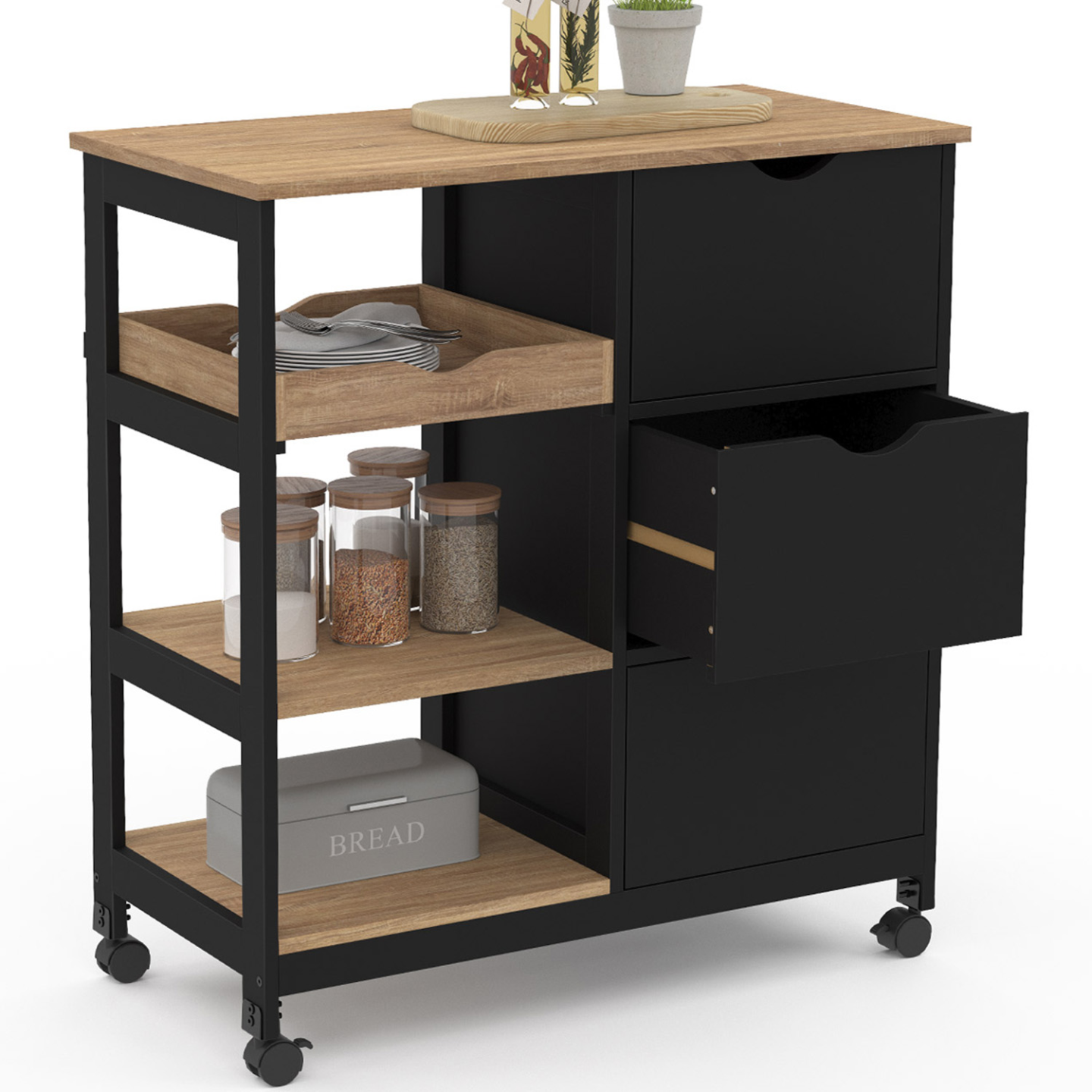 Desserte de cuisine MUNA 3 paniers + 1 plateau amovible noir et effet hêtre L.76 cm - 4