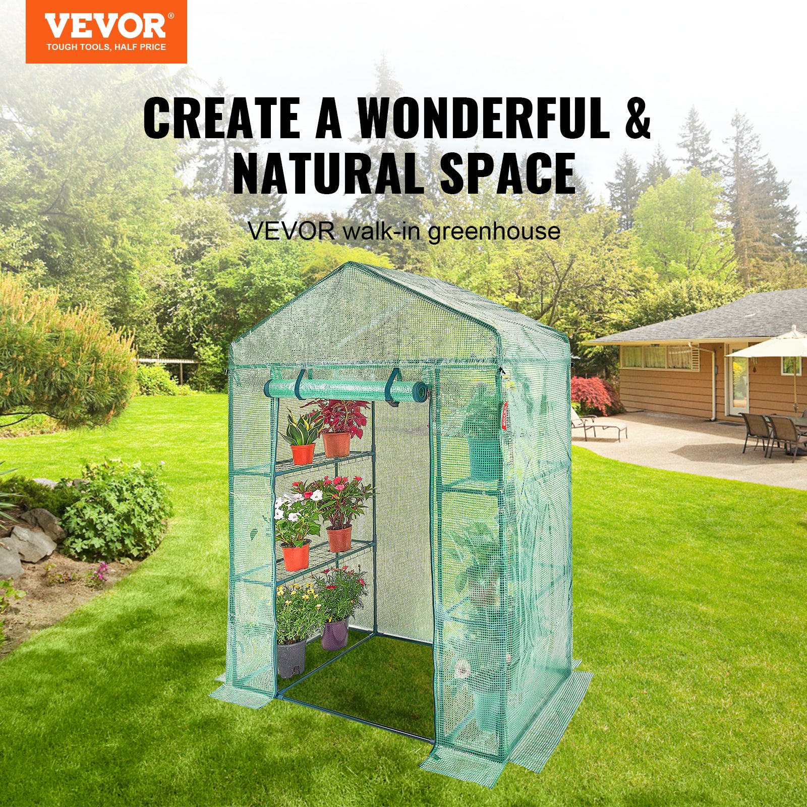 Serre de Jardin VEVOR 141x74,5x205 cm Tente Abri de Plantes avec Étagères Bâche PE Haute Résistance avec Porte et Fenêtres et Cadre en Acier Montage - 2