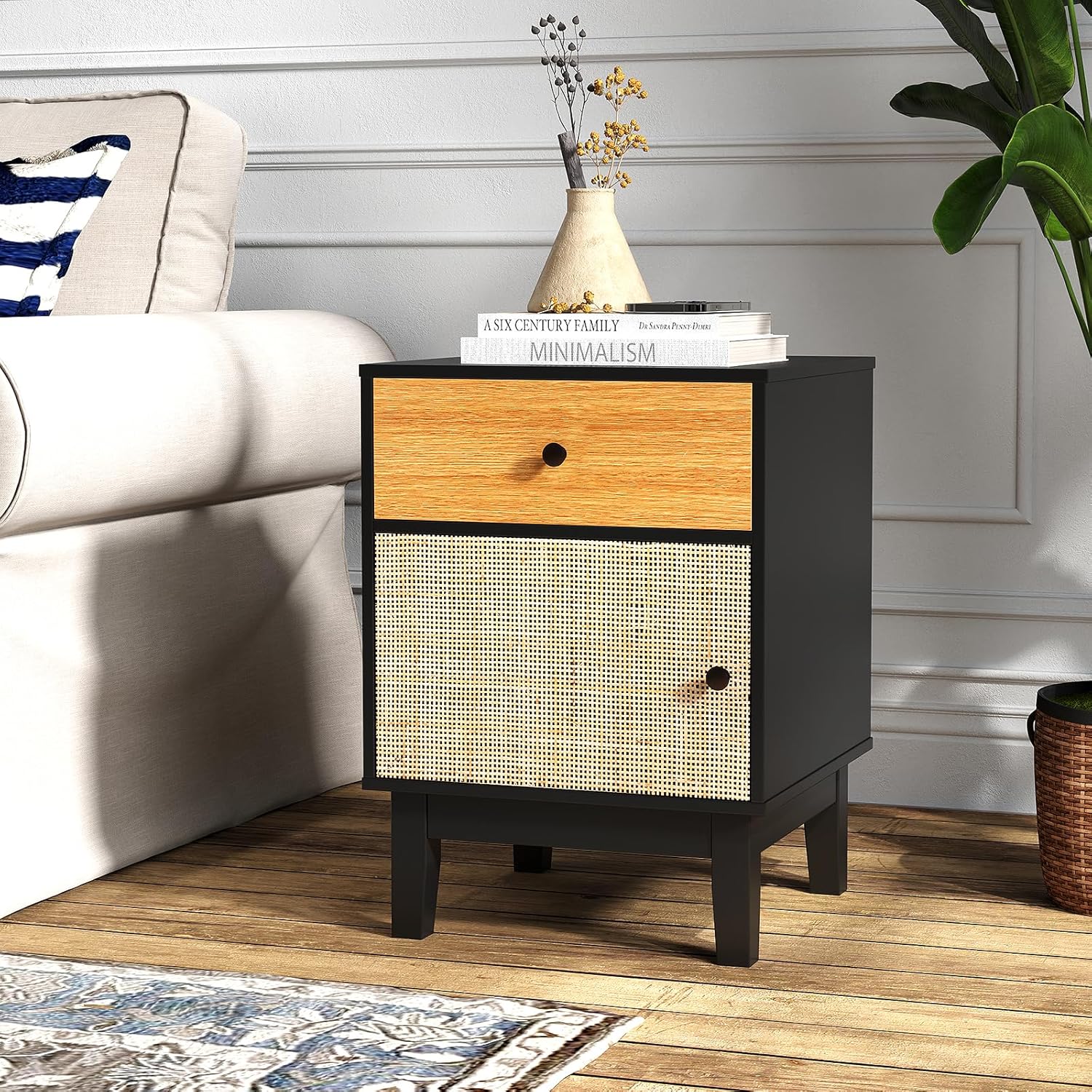 Comodino in Rattan 40 x 39 x 55 cm, Mobile Moderno con Cassetto, Armadietto e Gambe in Legno Massello, Tavolino in Stile Boemia per Camera da - 2