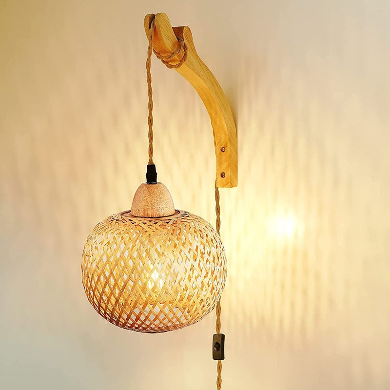 Lanterne en bambou à brancher sur appliques murales avec cordon enfichable, applique murale en rotin tissée à la main, applique murale rustique Boho - 2