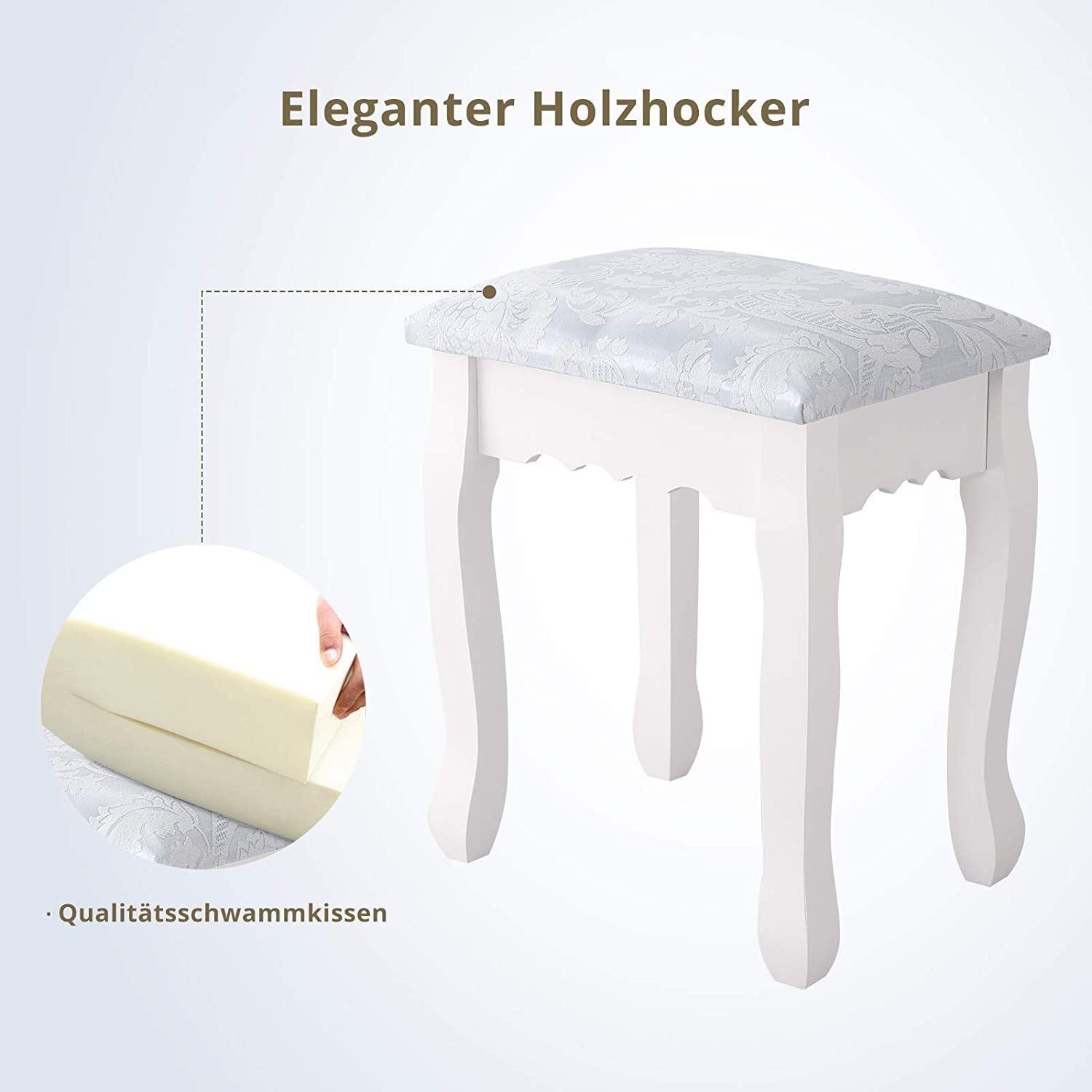 Coiffeuse avec miroir et tabouret, 3 tiroirs, miroir pivotant à 360°, style rétro-luxe, matériau MDF, blanc - 6
