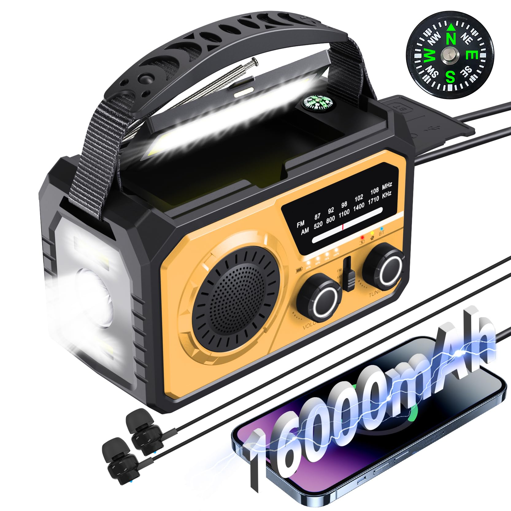 wueiooskj Radio de Emergencia con batería Recargable de 16000 mAh con manivela, Radio Solar portátil de Emergencia NOAA/FM/Am, SOS, Compass, Bluetooth