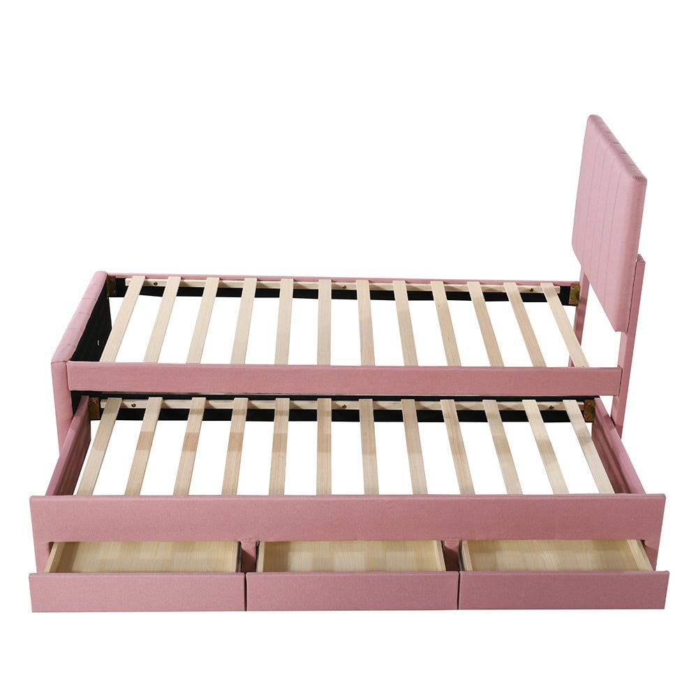 Lit simple 90 x 200 cm avec Lit gigogne 90 x 190 cm - 3 tiroirs - Tête de lit réglable - Tissu en lin - Rose - 9