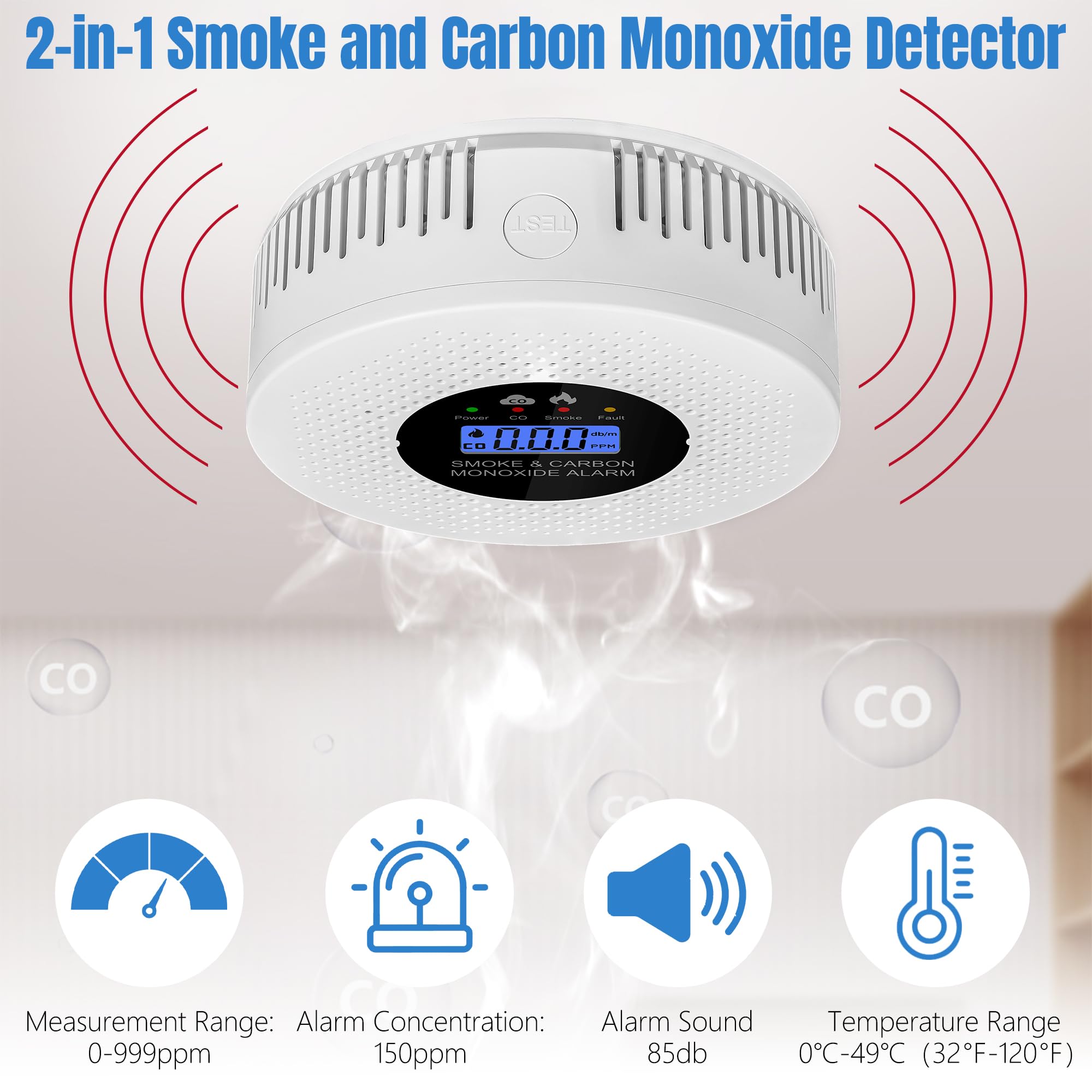 Detector de humo dos en uno, detector de monóxido de carbono, alarma de incendio, con luz de advertencia de sensor dual. - 6