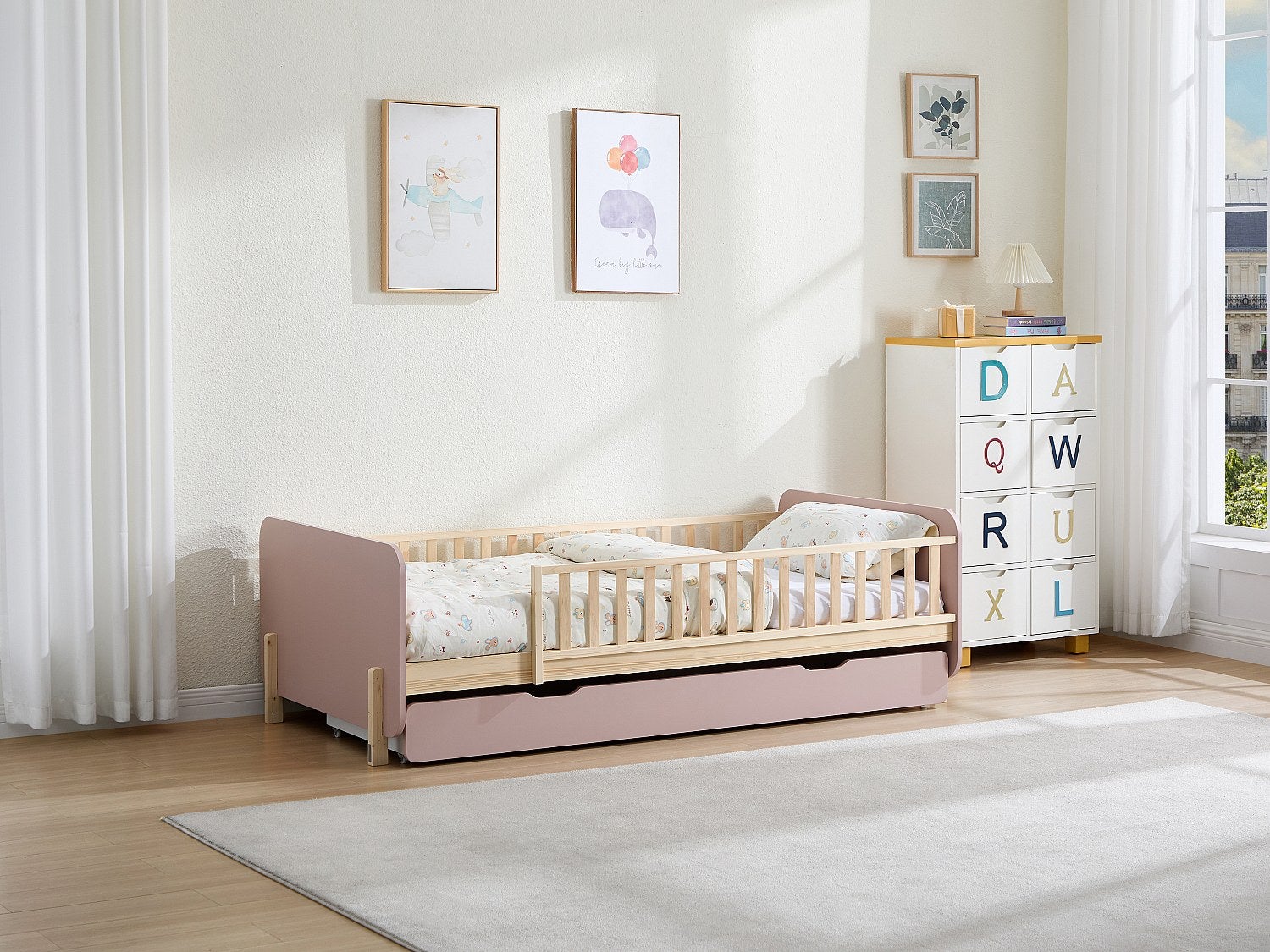 Łóżko 90 x 190 cm z szufladą - Sosna i MDF - Kolor: Naturalny i różowy - LADEMI