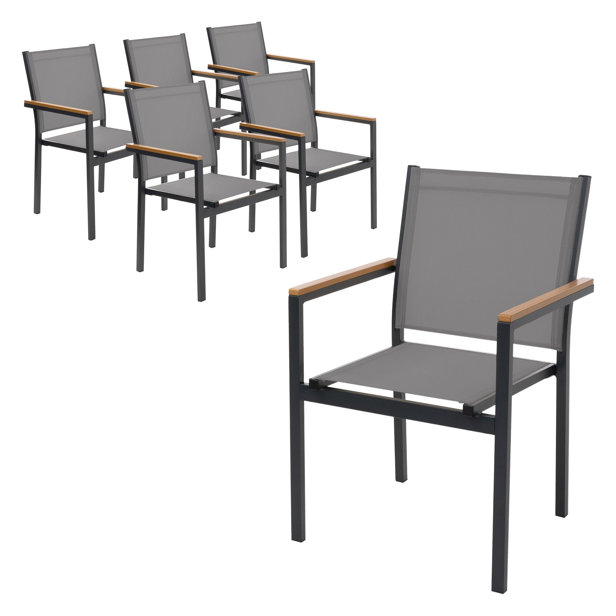 ML-Design krzesła ogrodowe balkonowe tarasowe 6 szt Imitacja drewna ciemnoszare tekstylen oddychający rama aluminiowa odporne na warunki atmosferyczne