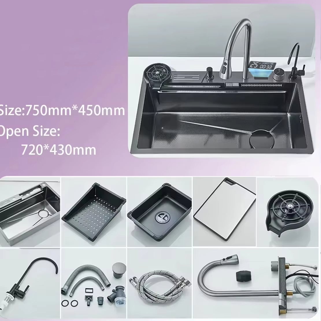 Lavello da cucina multifunzione in acciaio inox con cascata, rubinetto digitale, 2 manopole, 75 x 45 cm - 3