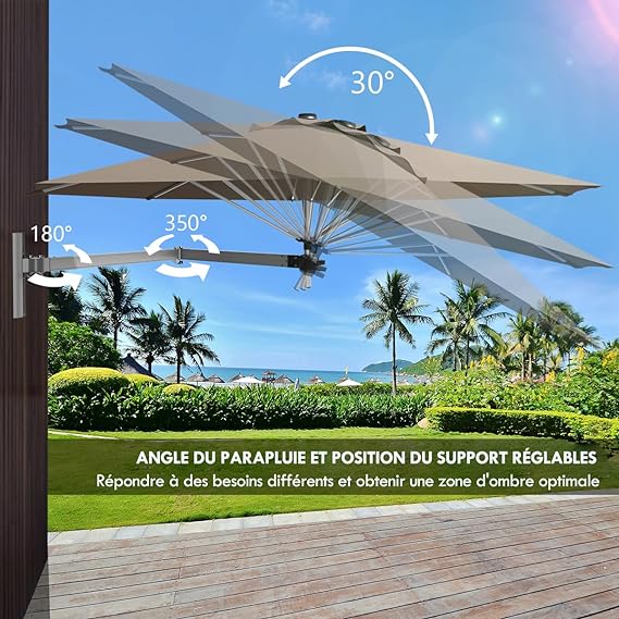 247 cm Parasol Ścienny z Ramieniem Bocznym, Parasol Tarasowy z Odchylaną Głowicą i Regulowanym Wspornikiem, z 8 Żebrami, Wentylacją, Brązowy