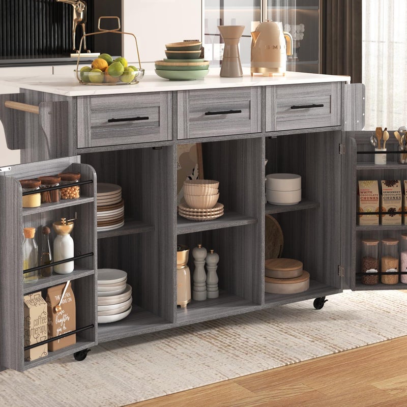 Wózek do serwowania ze składaną ladą - 3 szuflady i drzwiczki do przechowywania - kółka lub drewniane nóżki - Szary