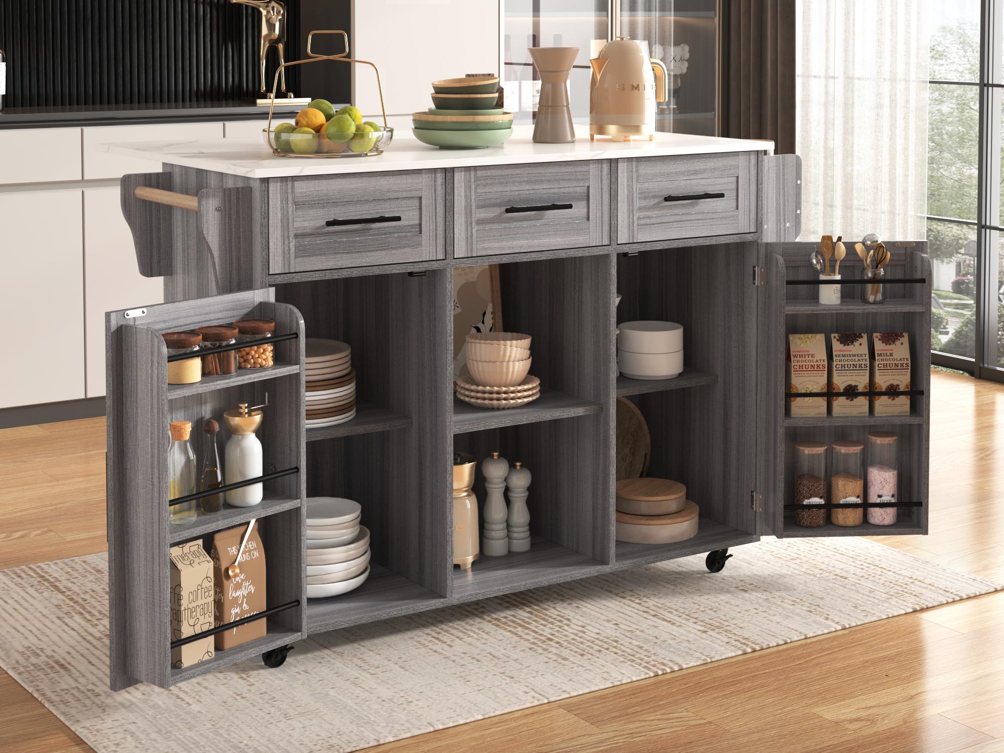 Carrito de cocina con mostrador plegable, 3 cajones y puertas de almacenamiento, patas con ruedas o de madera, color gris