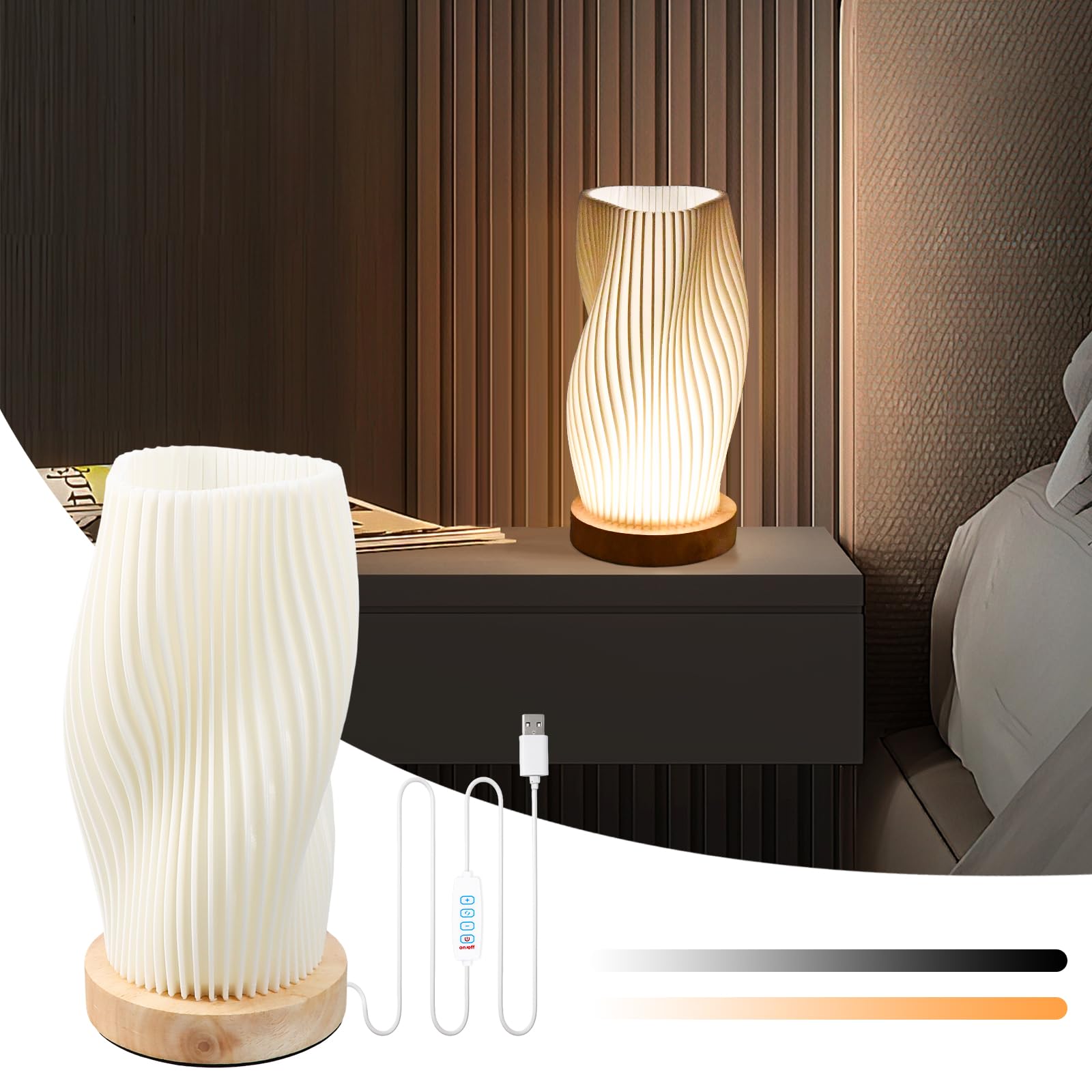 Dimmable Lampe de Table Créative Moderne, Lampe de Chevet avec abat-jour en PLA, Base en Bois, Chaude Ambiance Romantique Lumière Chaude Veilleuse - 7
