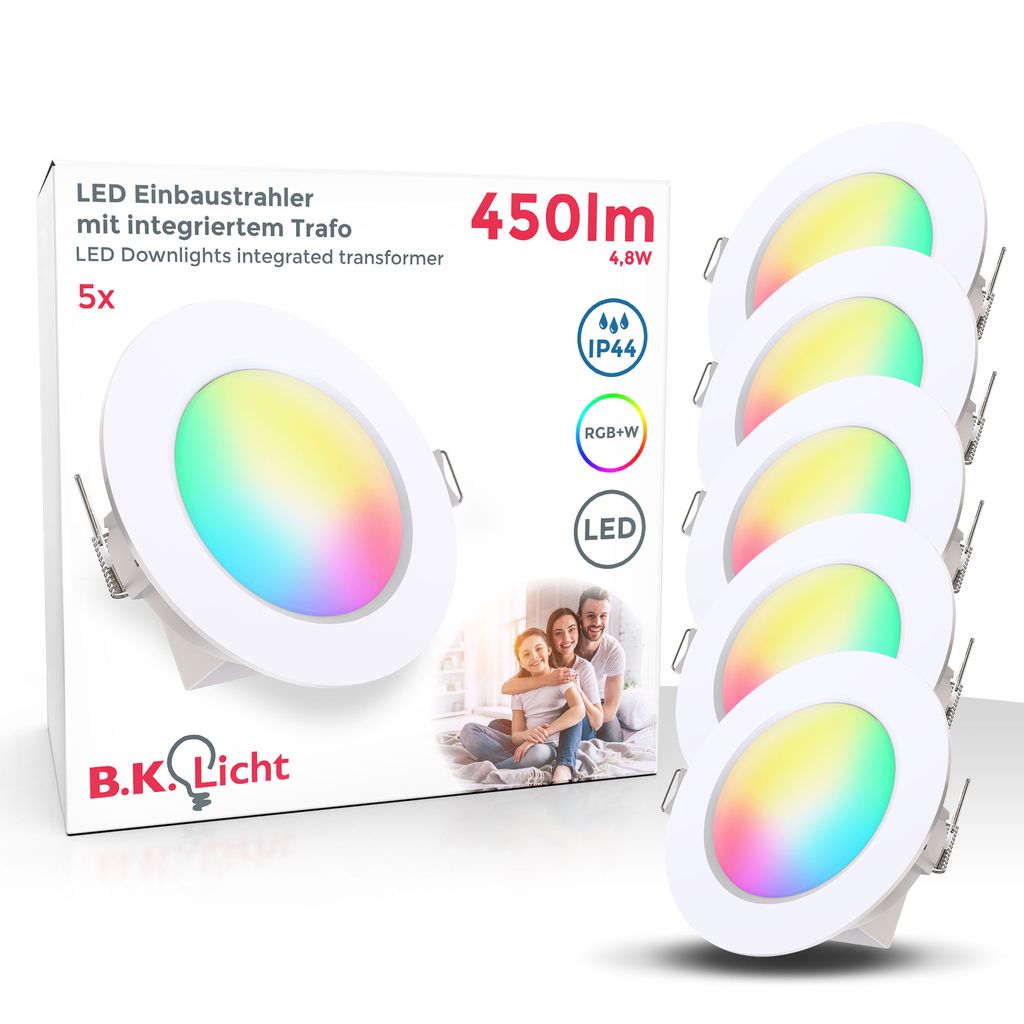Lot de 5 spots LED encastrables - télécommande - RGBW - IP44 - Ø92 mm - Blanc chaud 3000K + couleurs - dimmables - 4,8W / 450lm chacun - B.K.Licht - 2
