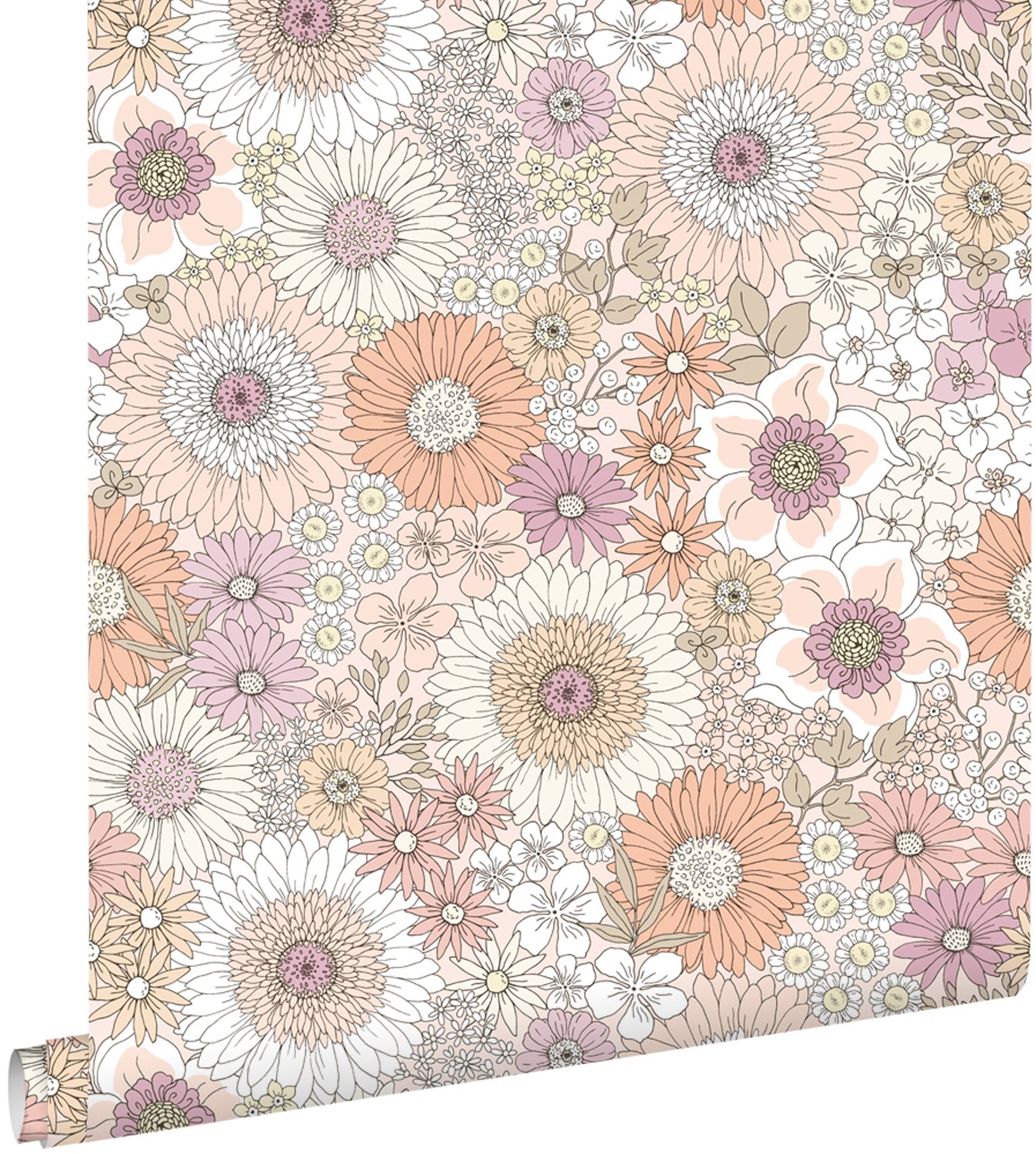 Tapeta retro kwiaty beżowymIróżowym - 50 x 900 cm - ESTAHOME