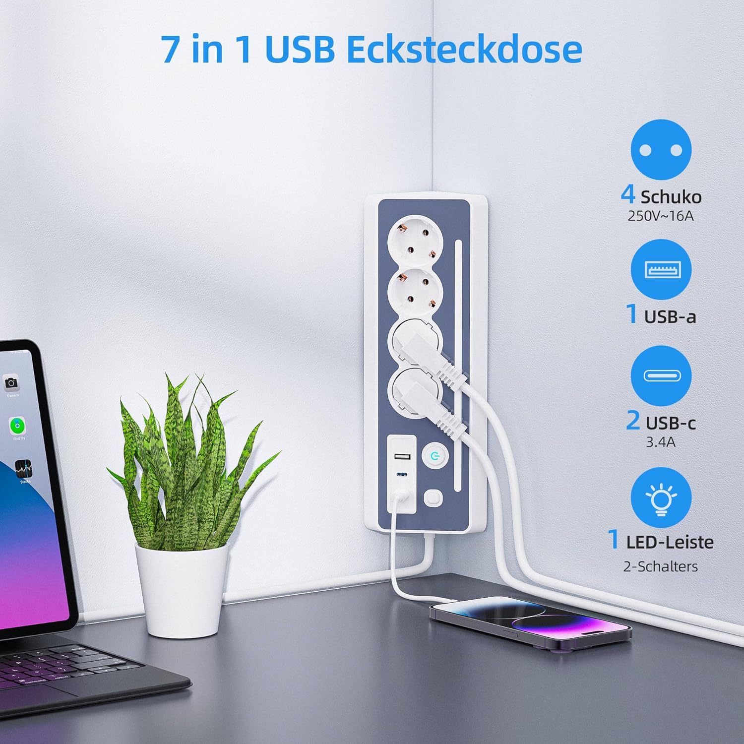 Multiprise de Bureau, 4 Prises avec USB et 2 Types C, 16 A, 3680 W, 2 Interrupteurs, Protection Surtension LED, Multiprise Cuisine Bureau - 2