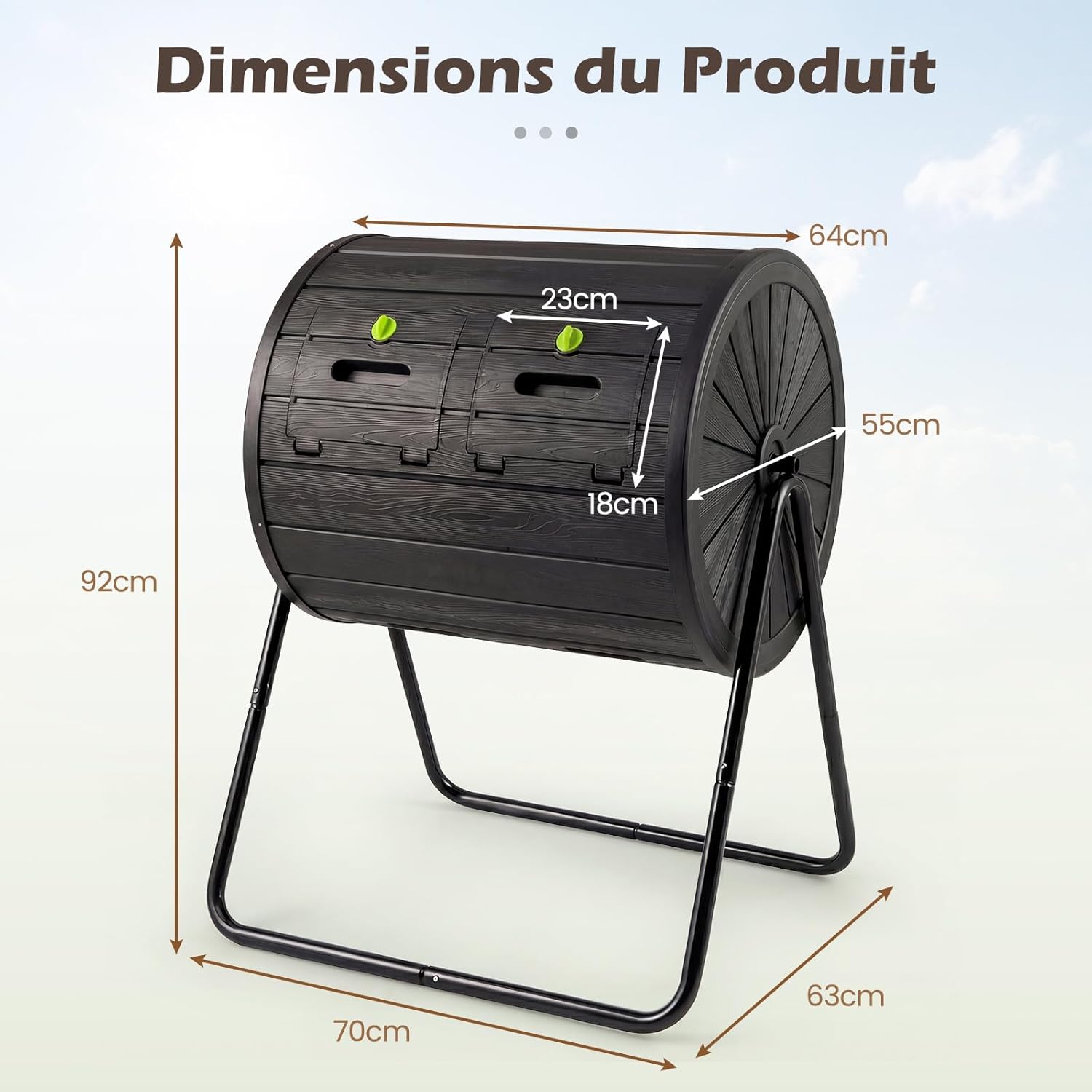 GIANTEX Composteur de Jardin 142 L à Double Chambre,Cadre en Métal Rotatif 360° ,2 Portes Verrouillables sans BPA,Déchets de Cuisine Jardin,Noir - 3